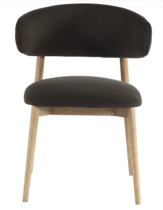 dining chair with wood frame but vinyl seat and back cushion. cushion black color and wood frame is a natural finish