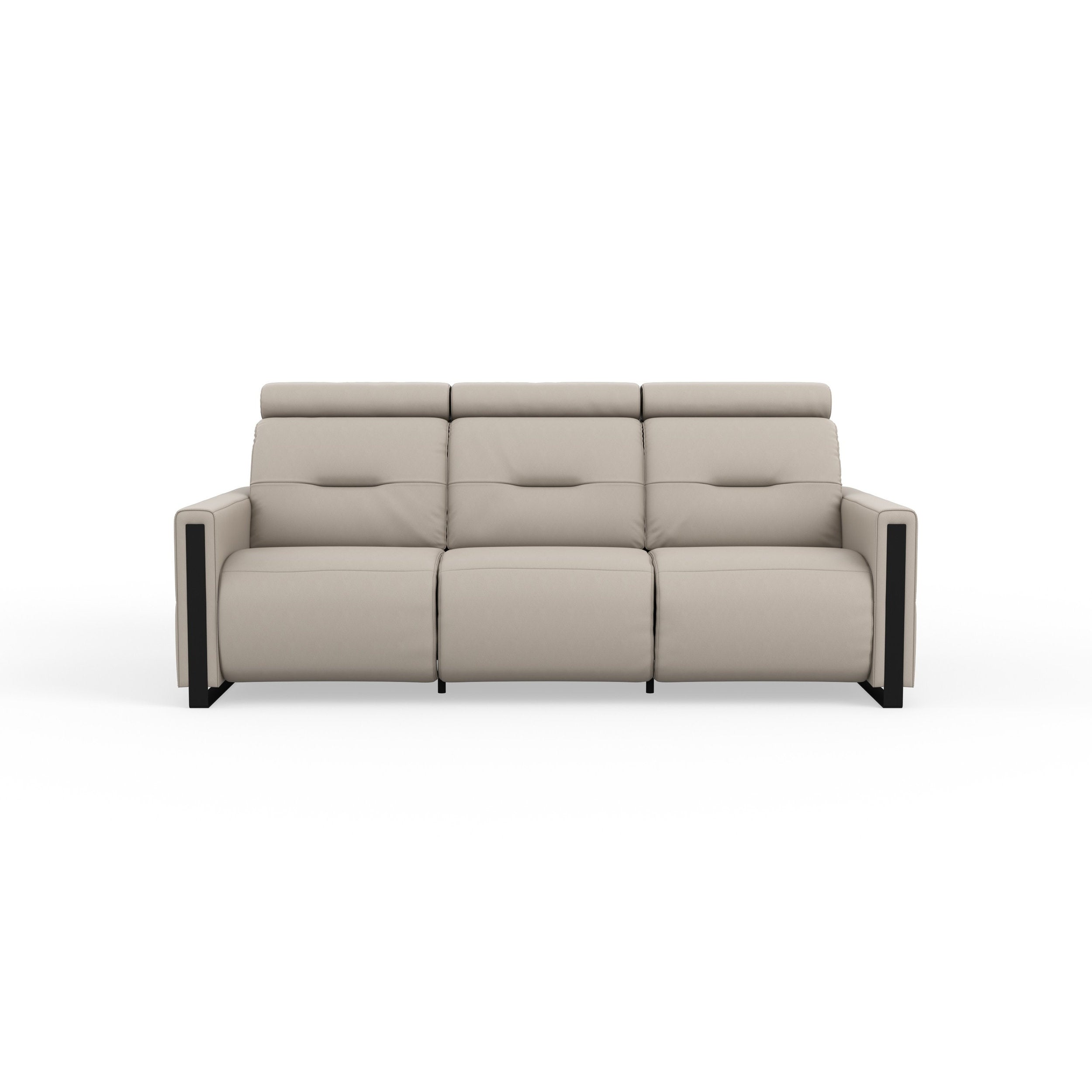 Beige sofa with reclining feature on a white background