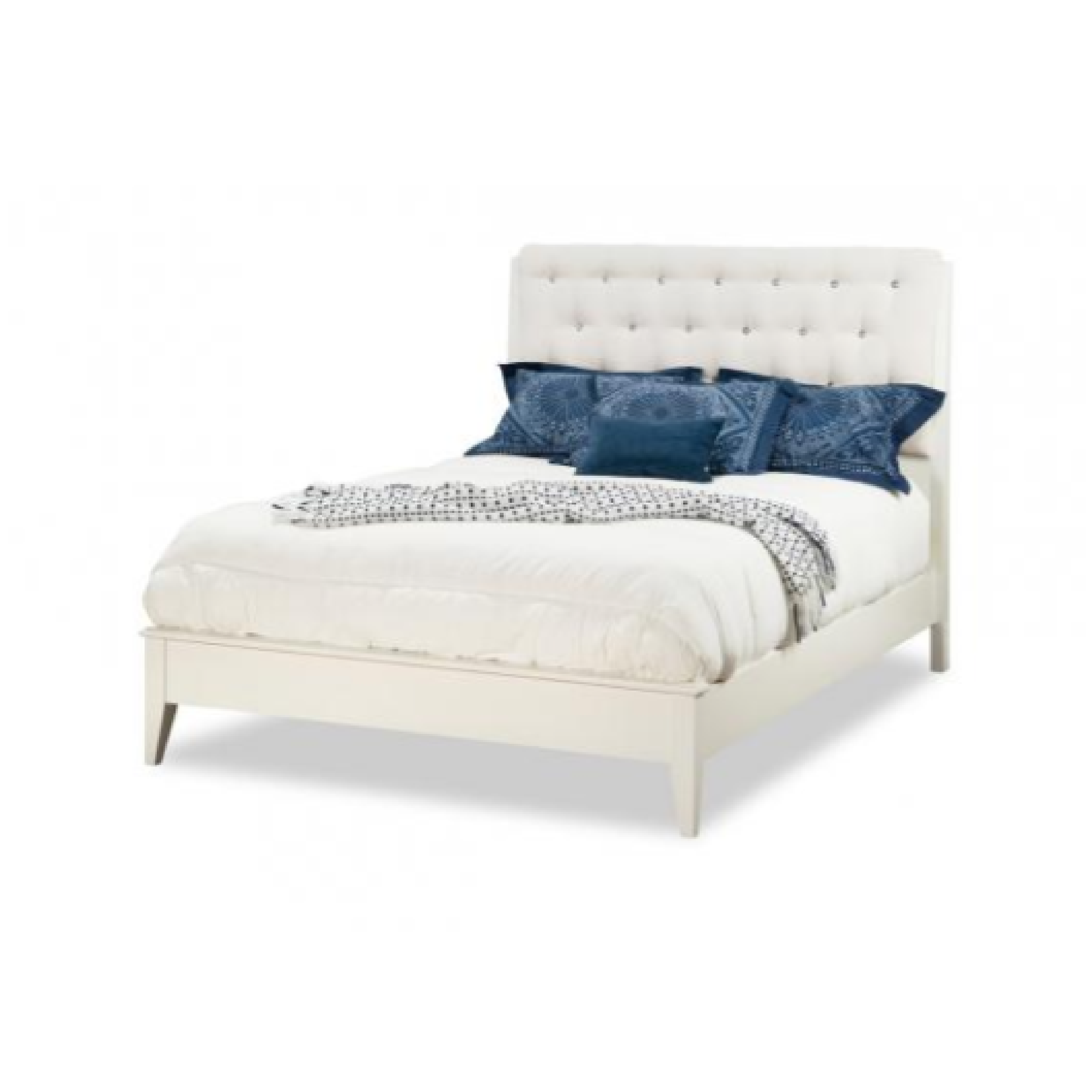 Monticello Bedframe done in a white fabric and a tuffted headboard. Fabric color is white