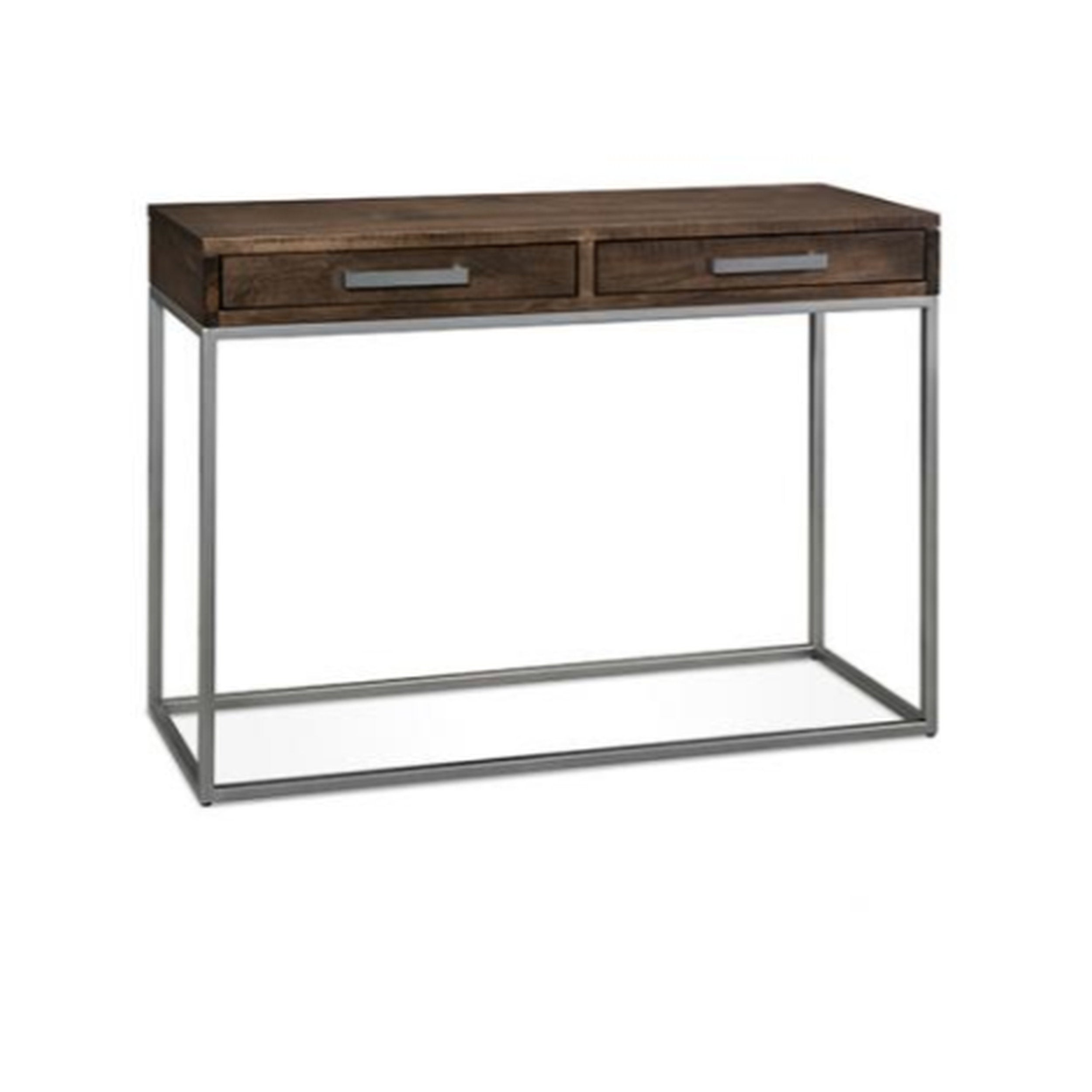 Console table with wooden top and metal frame on a white background