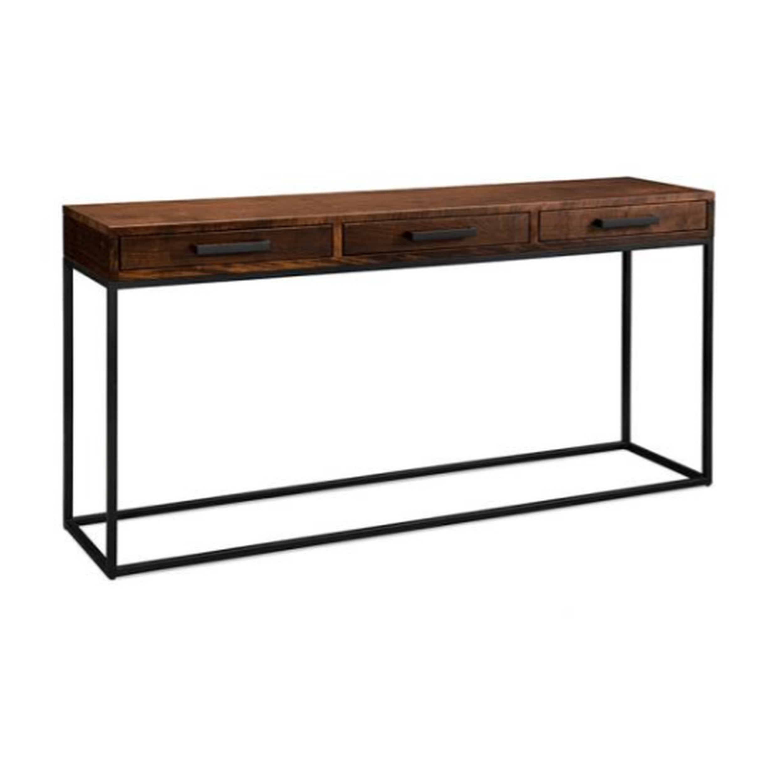 Wooden console table with black metal frame on a white background