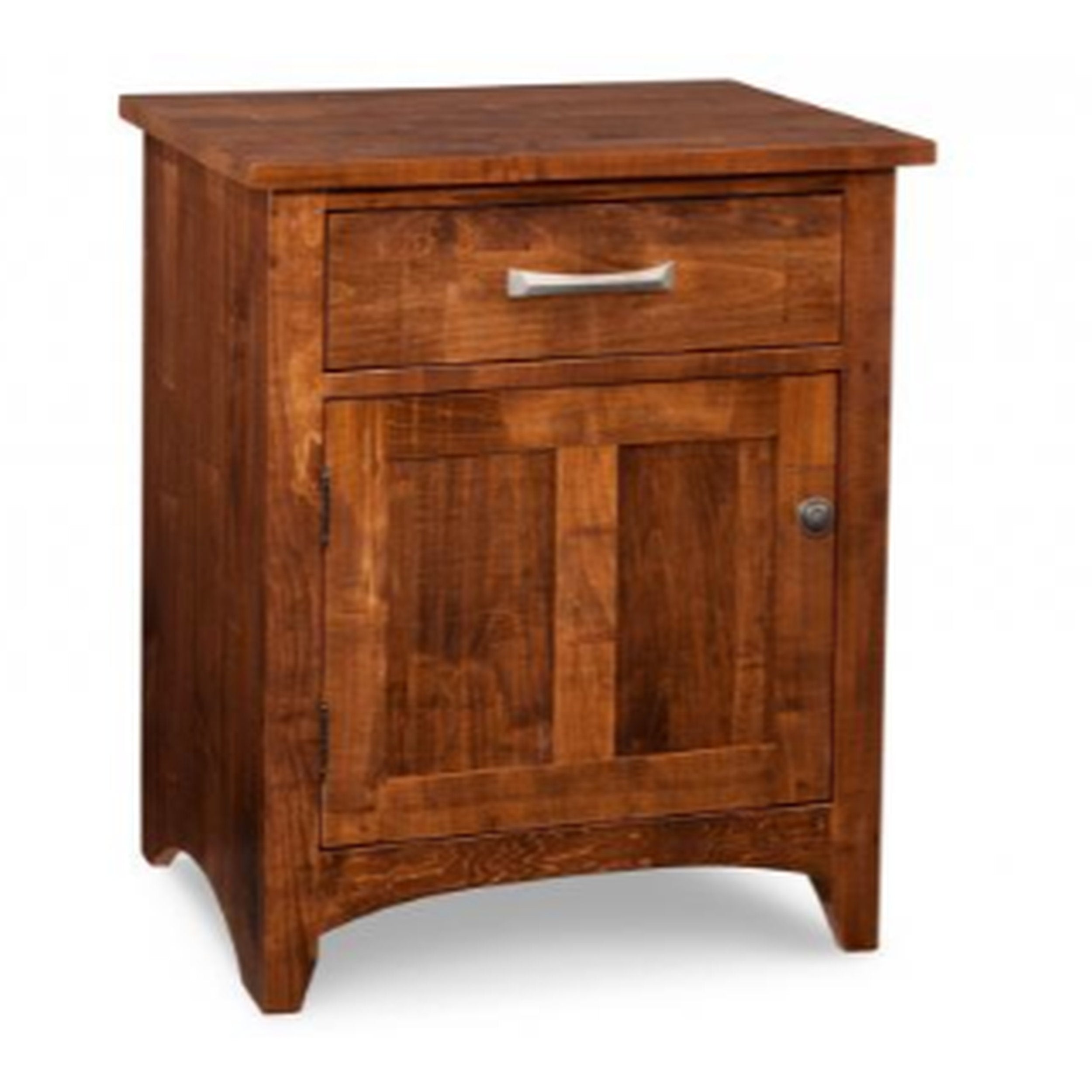 Wooden nightstand with a drawer and cabinet on a white background