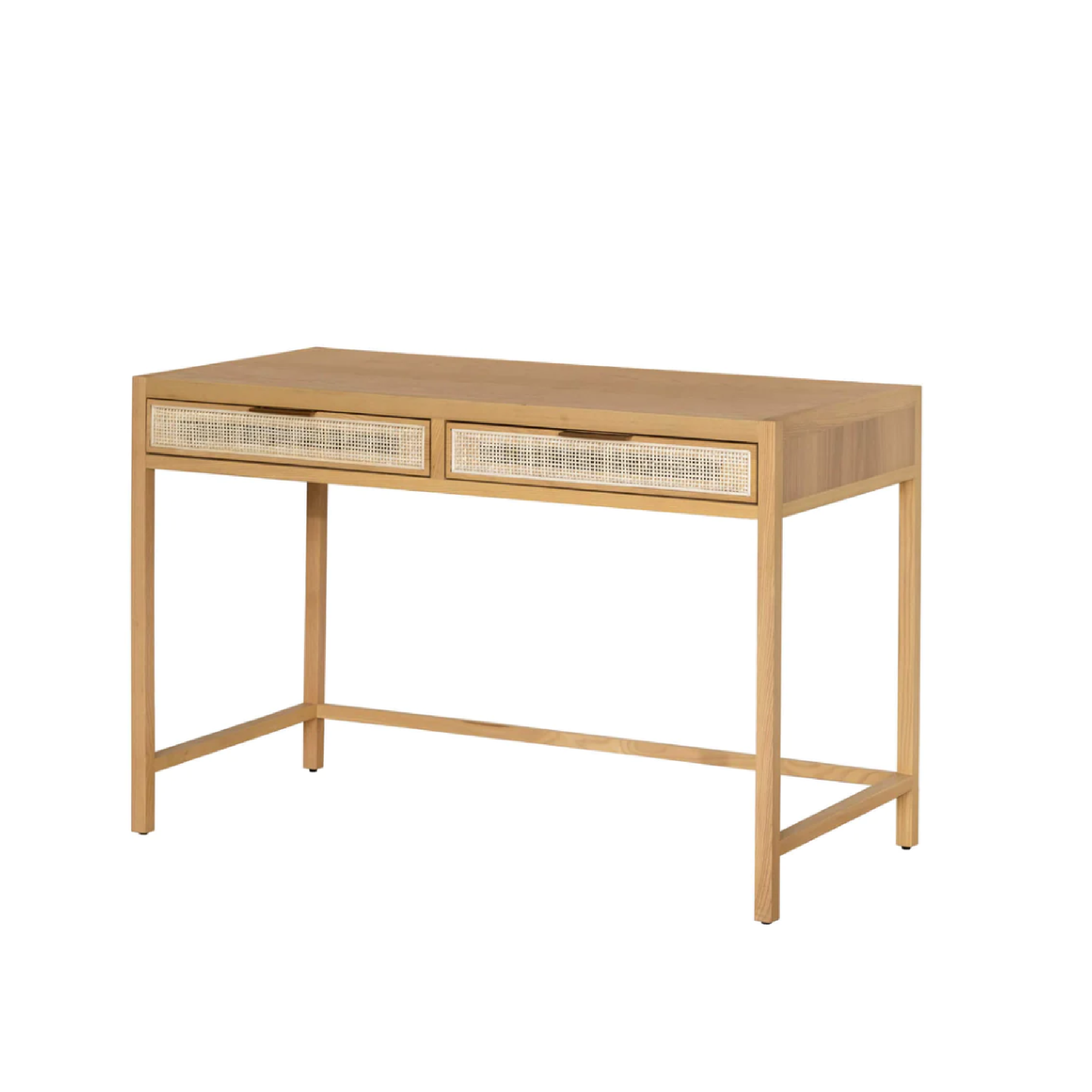 A natural wood desk with two drawers and wicker accents on a metal frame.