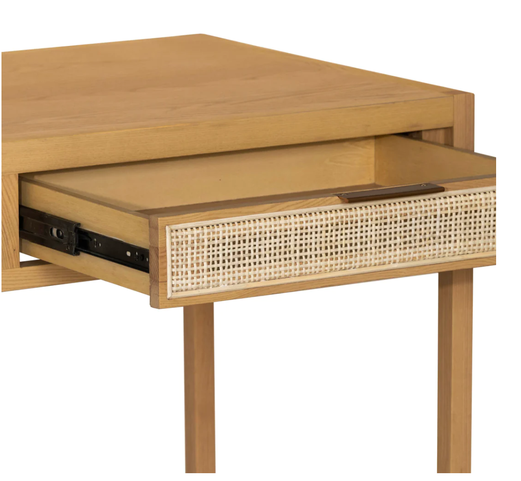 A natural wood desk showing a wood drawer being open