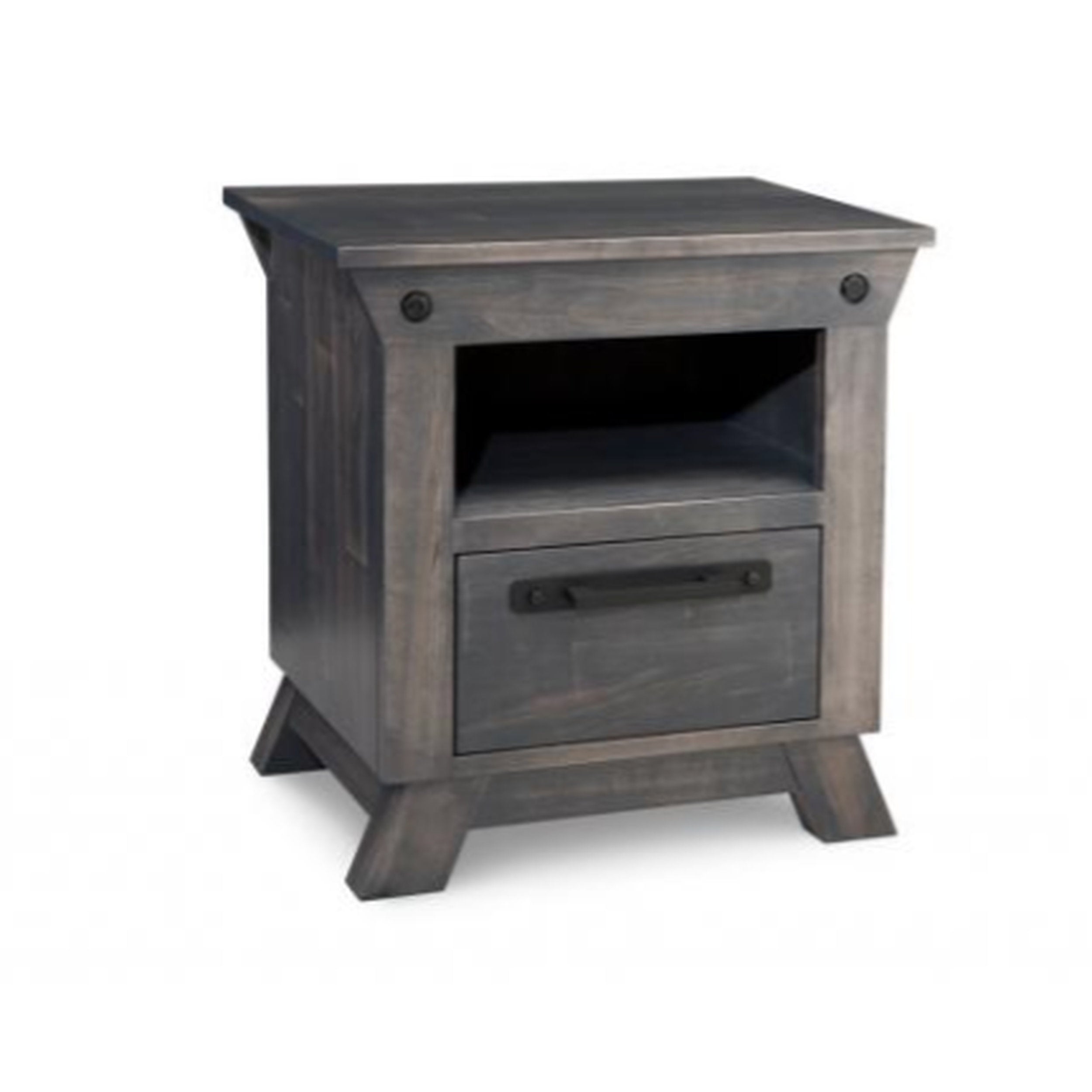 Wooden nightstand with a single drawer on a white background