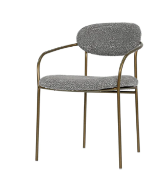 A gray upholstered dining chair with a padded seat and back, featuring a metal frame