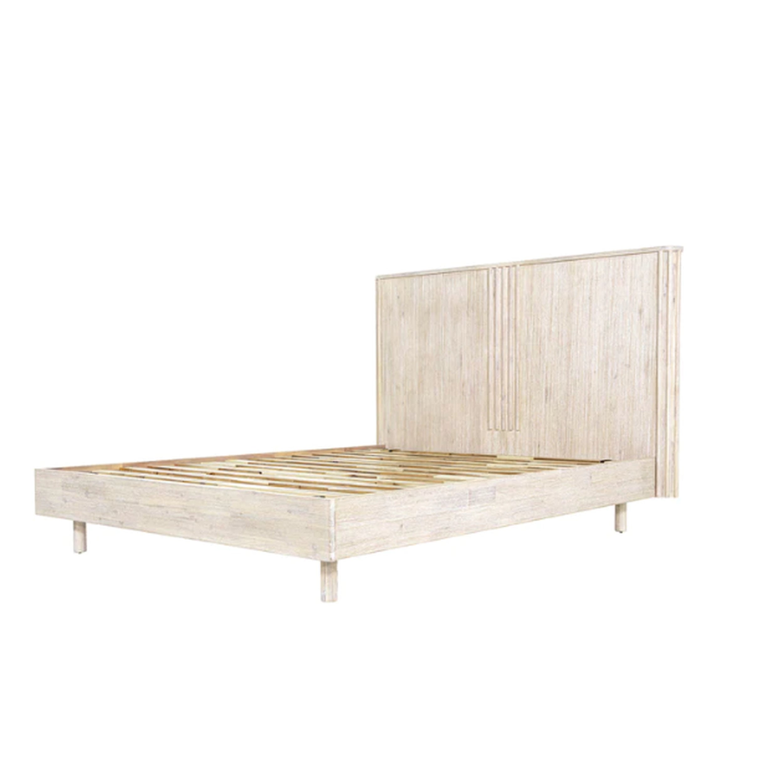 Wooden bed frame with a light finish on a white background
