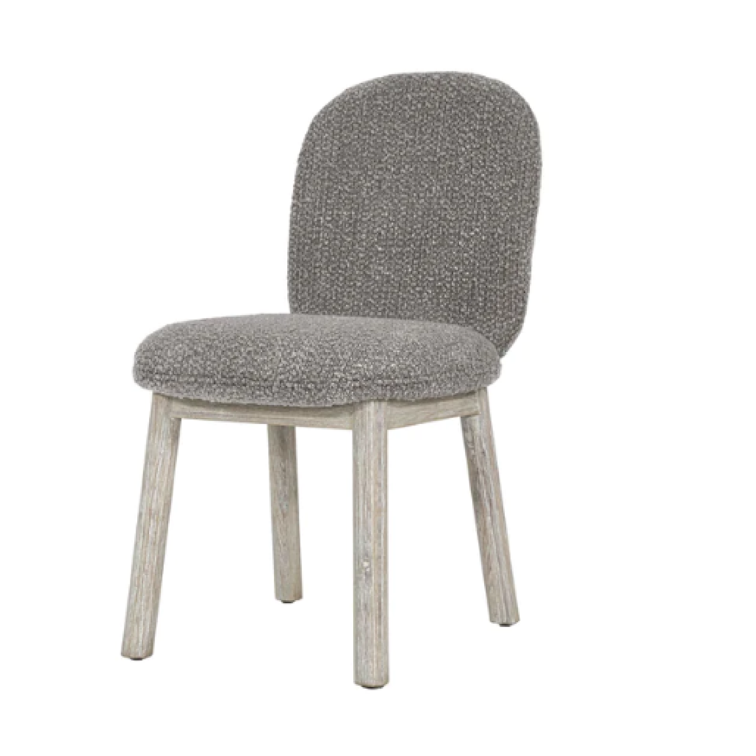 A gray upholstered dining chair with a padded seat and back, featuring a wooden frame.
