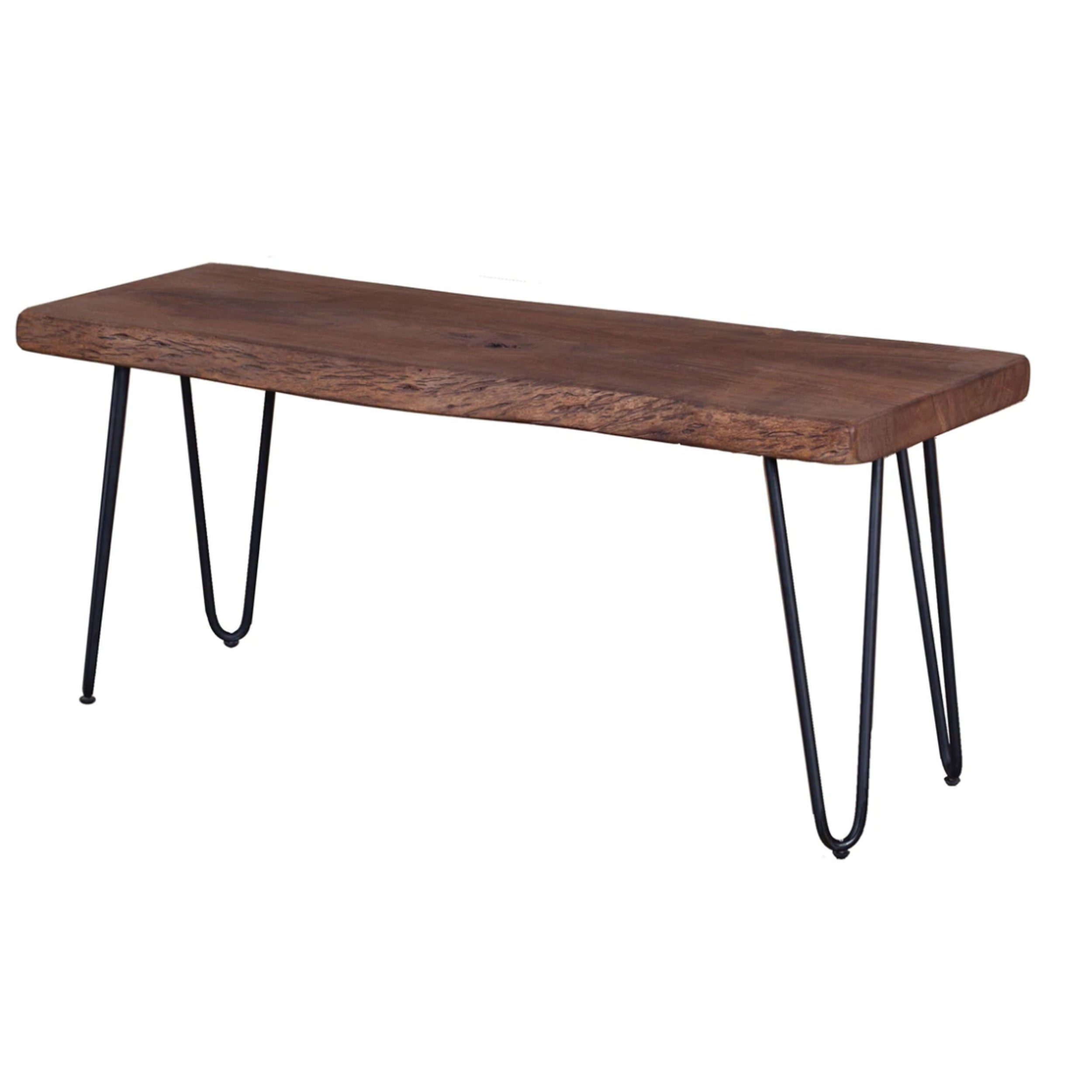 Wooden table with black metal legs on a white background