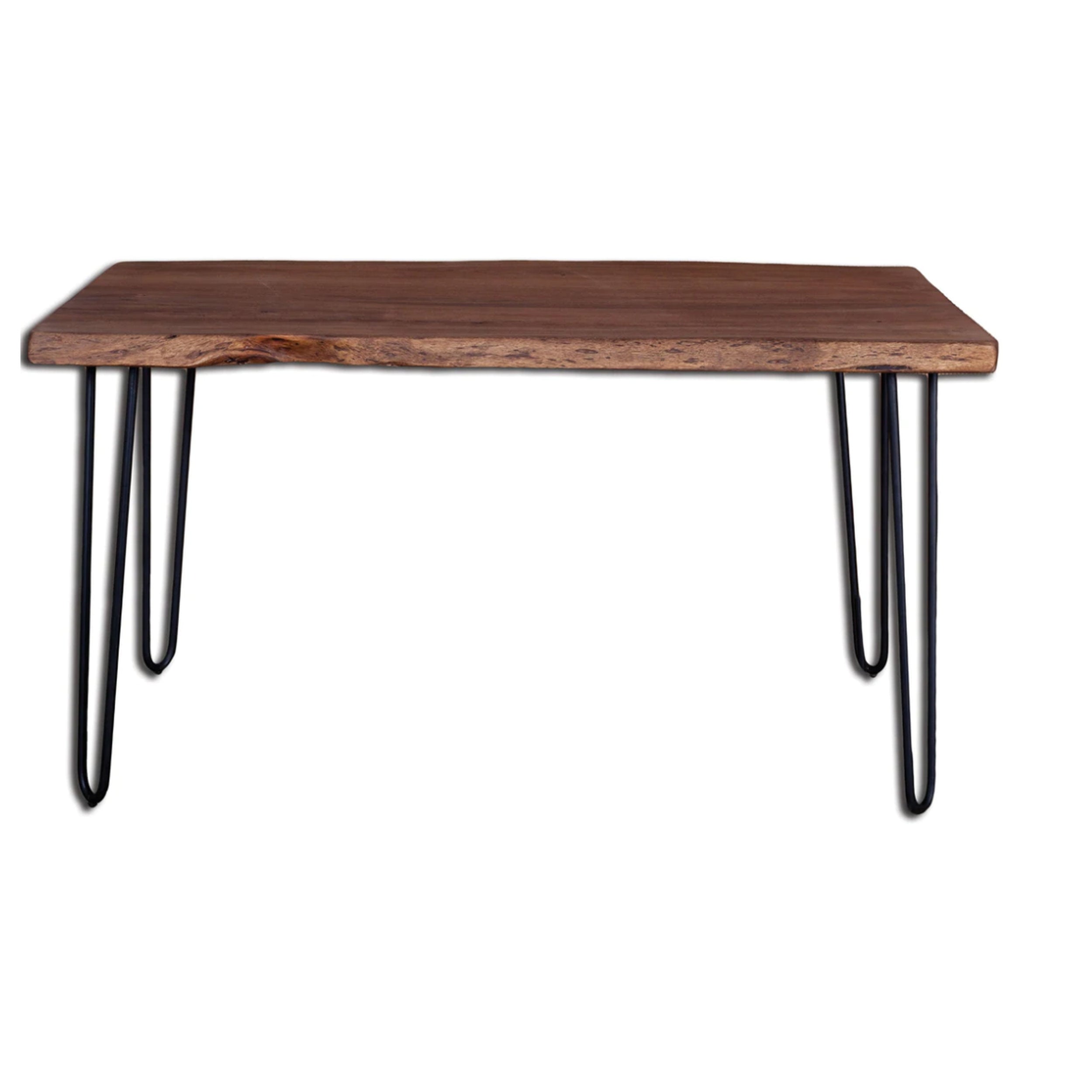 Wooden table with black hairpin legs on a white background