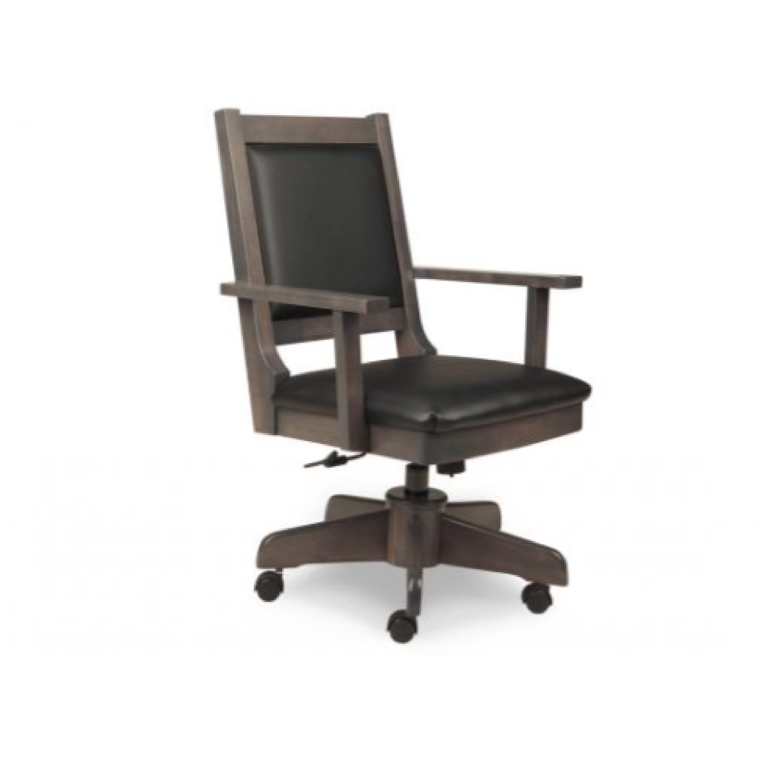 office chair on wheels. picture shown with dark brown wood and black leather seat