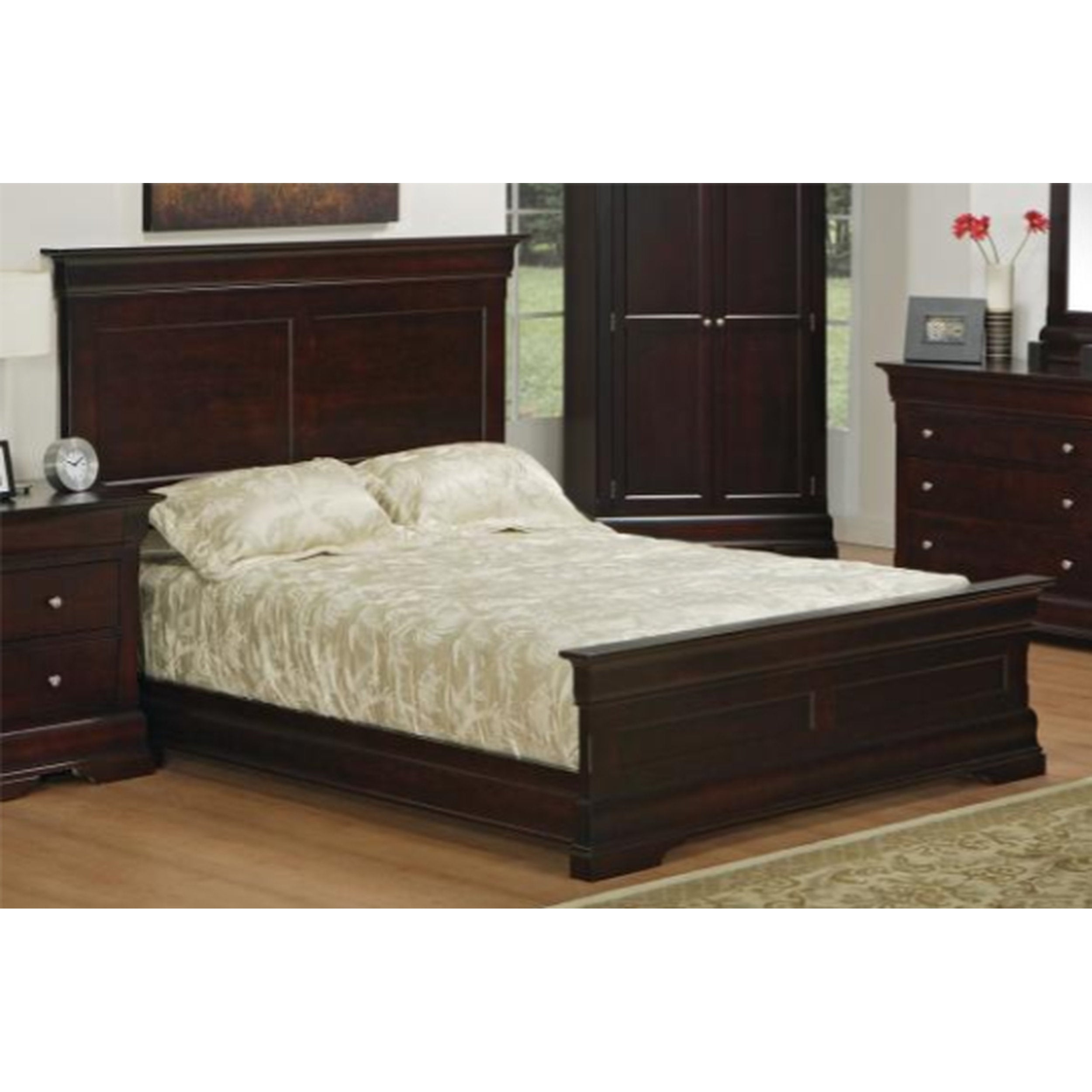 Wooden bedroom furniture set with bed, dresser, and wardrobe.