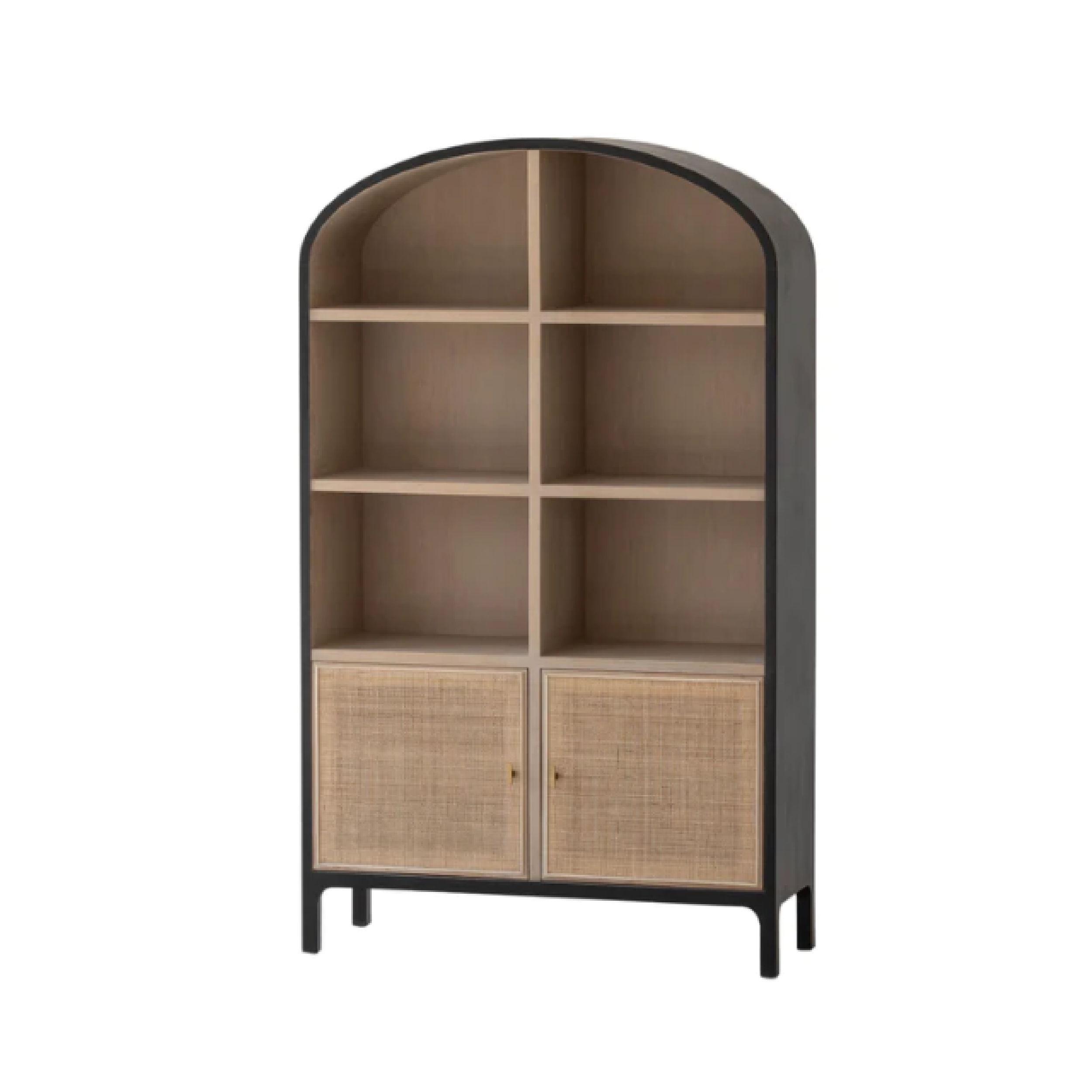 tall cabinet that is a black wood frame with 6 shelves. Curved shape