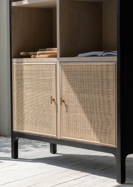 close up on the doors at the bottom of the bookcase.