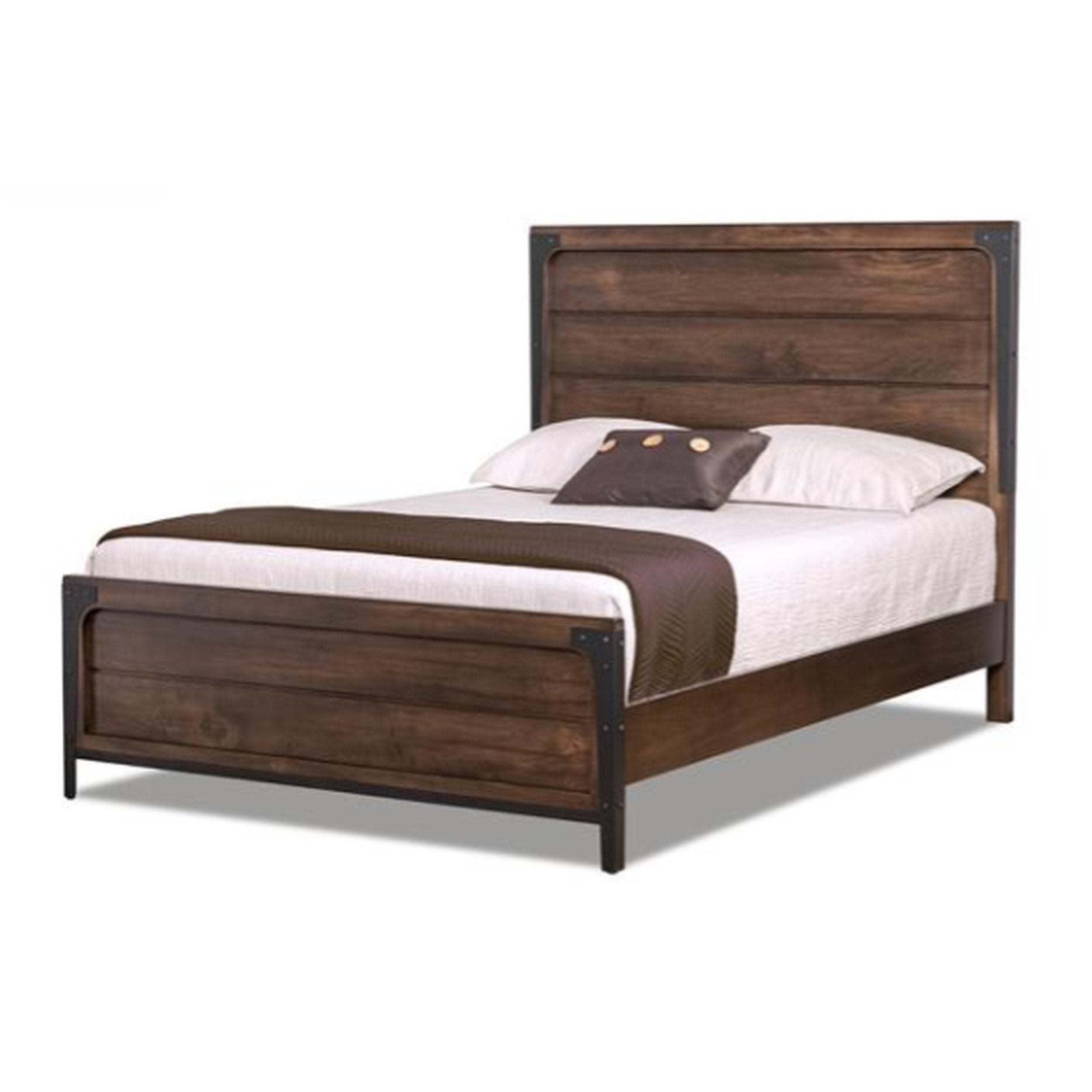 Wooden bed with white bedding and a brown blanket on a white background