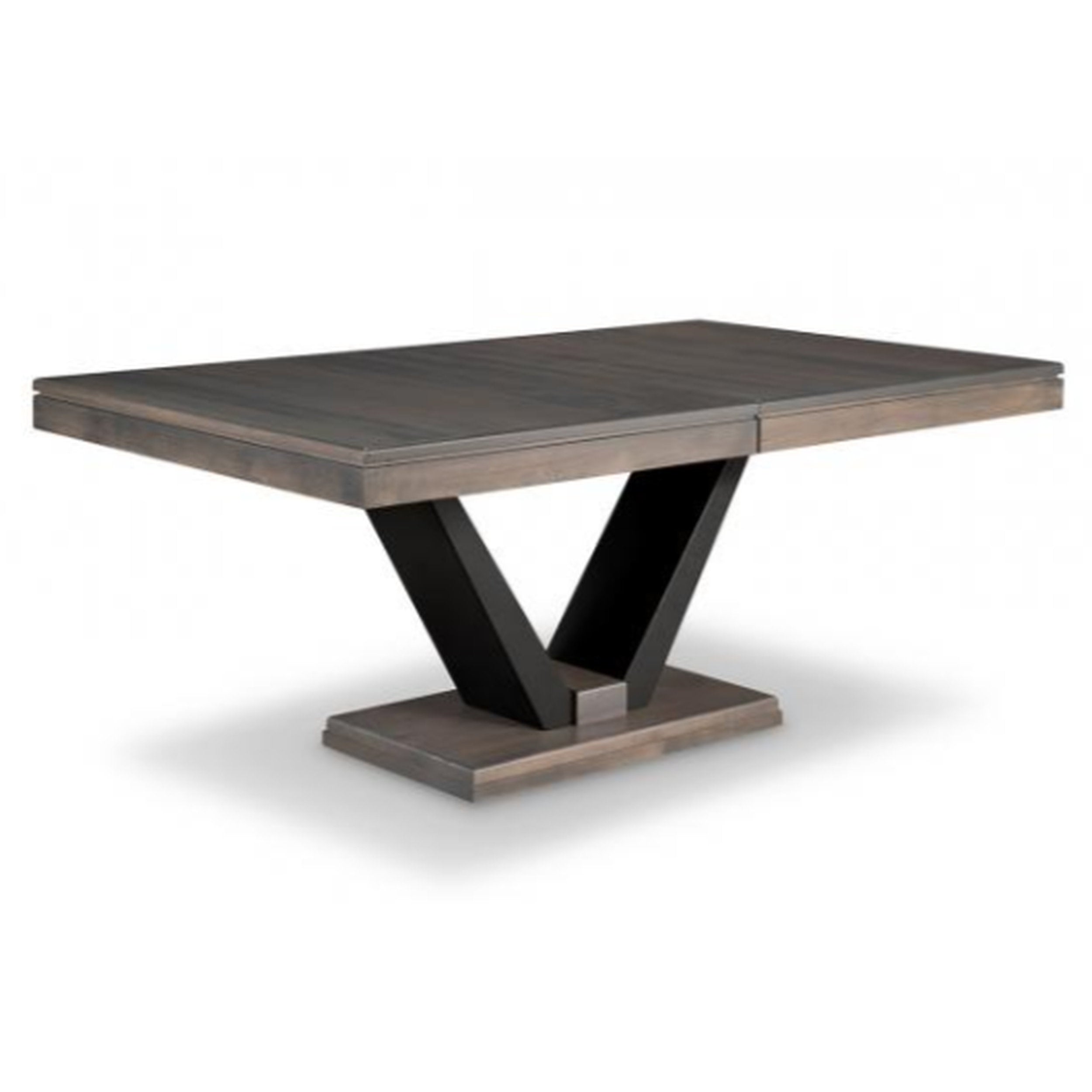 Dining table with dark wood finish and black metal legs on a white background