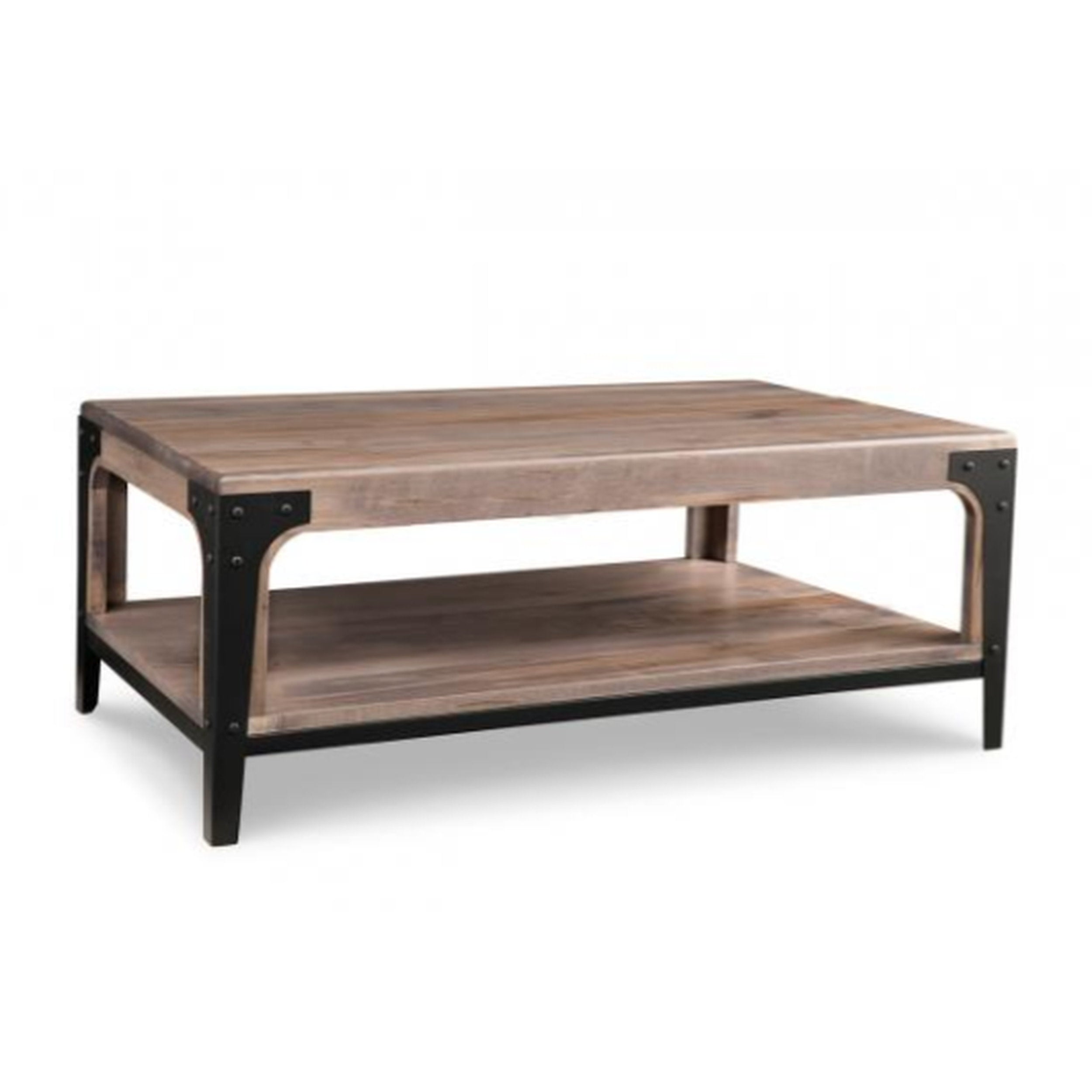 Wooden coffee table with metal legs on a white background