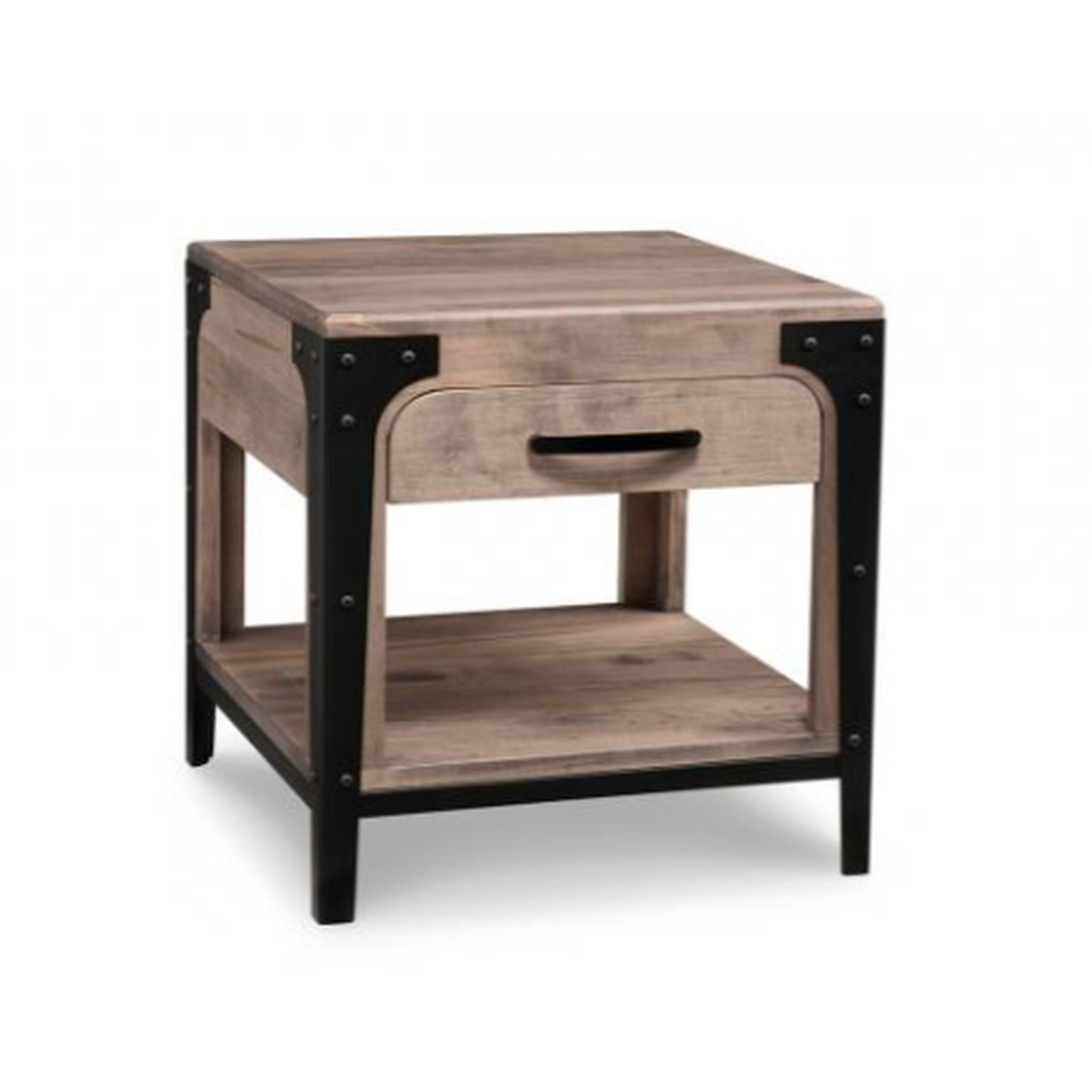 Wooden side table with black metal accents on a white background