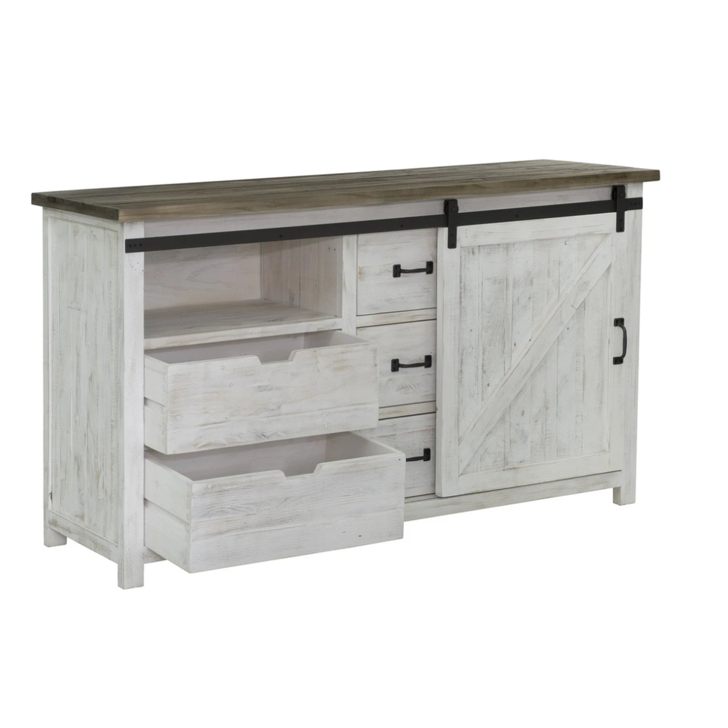 Wooden dresser with white distressed finish and wooden top on a white background