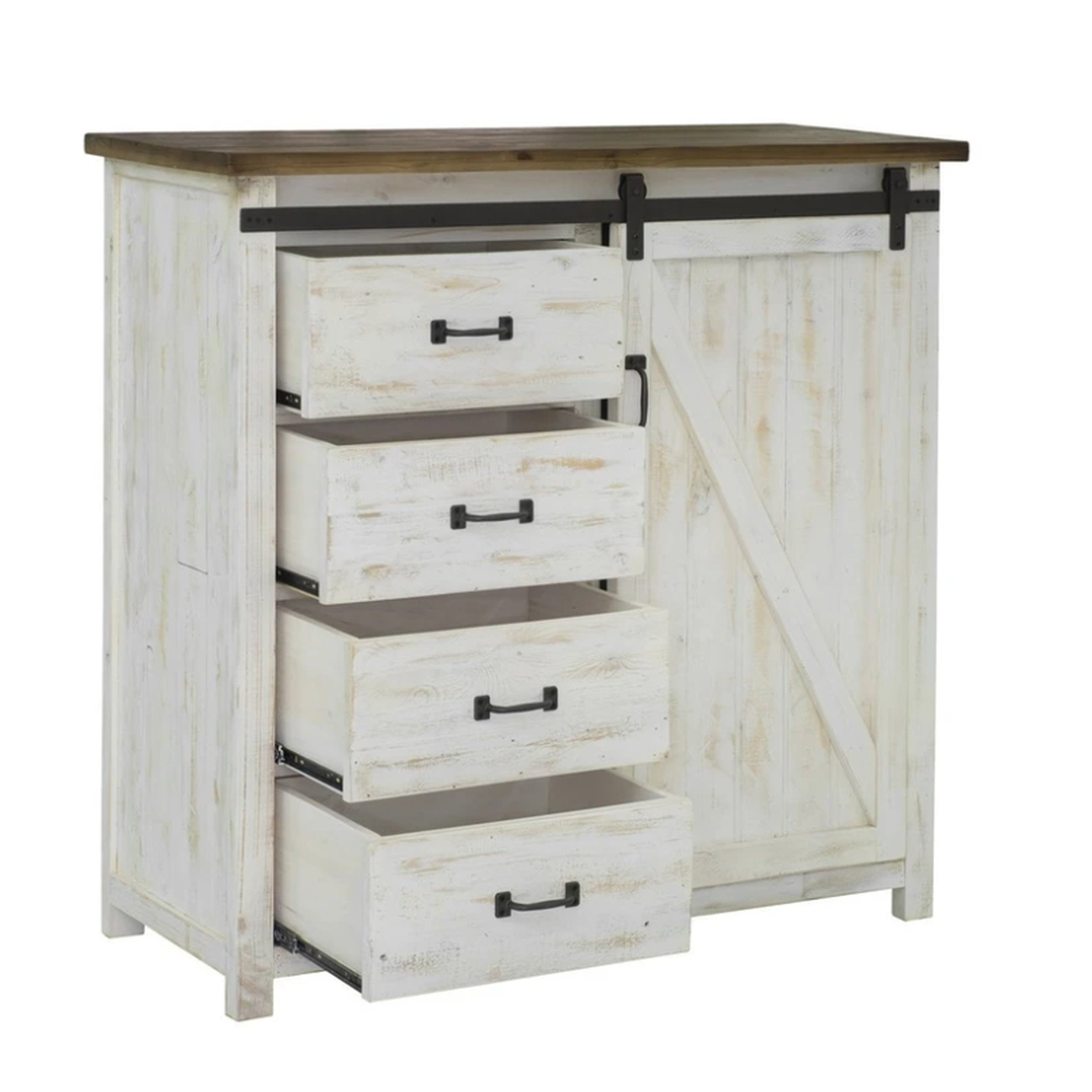 Wooden dresser with white distressed finish and brown top on a white background