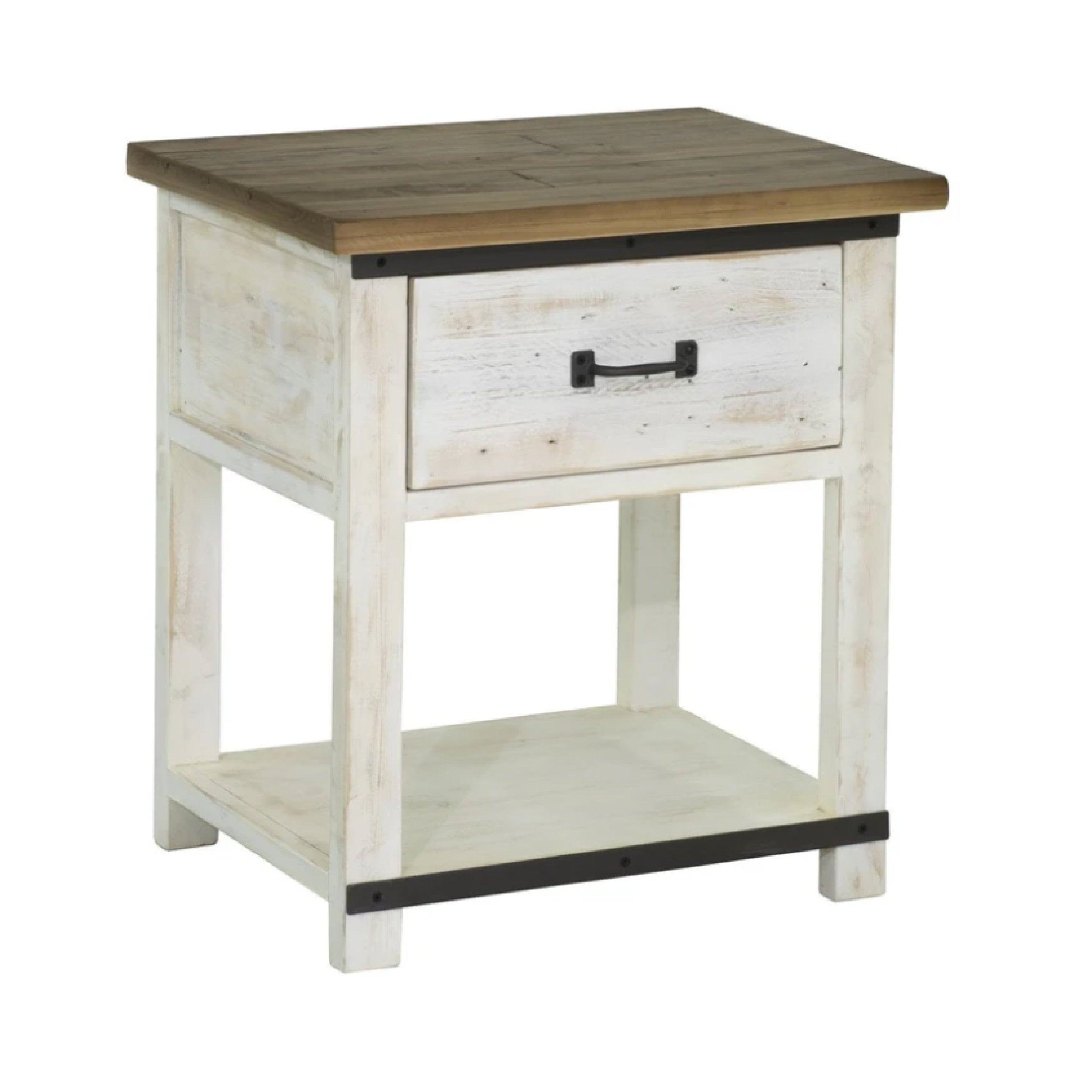 Wooden side table with a white washed finish and brown top on a white background