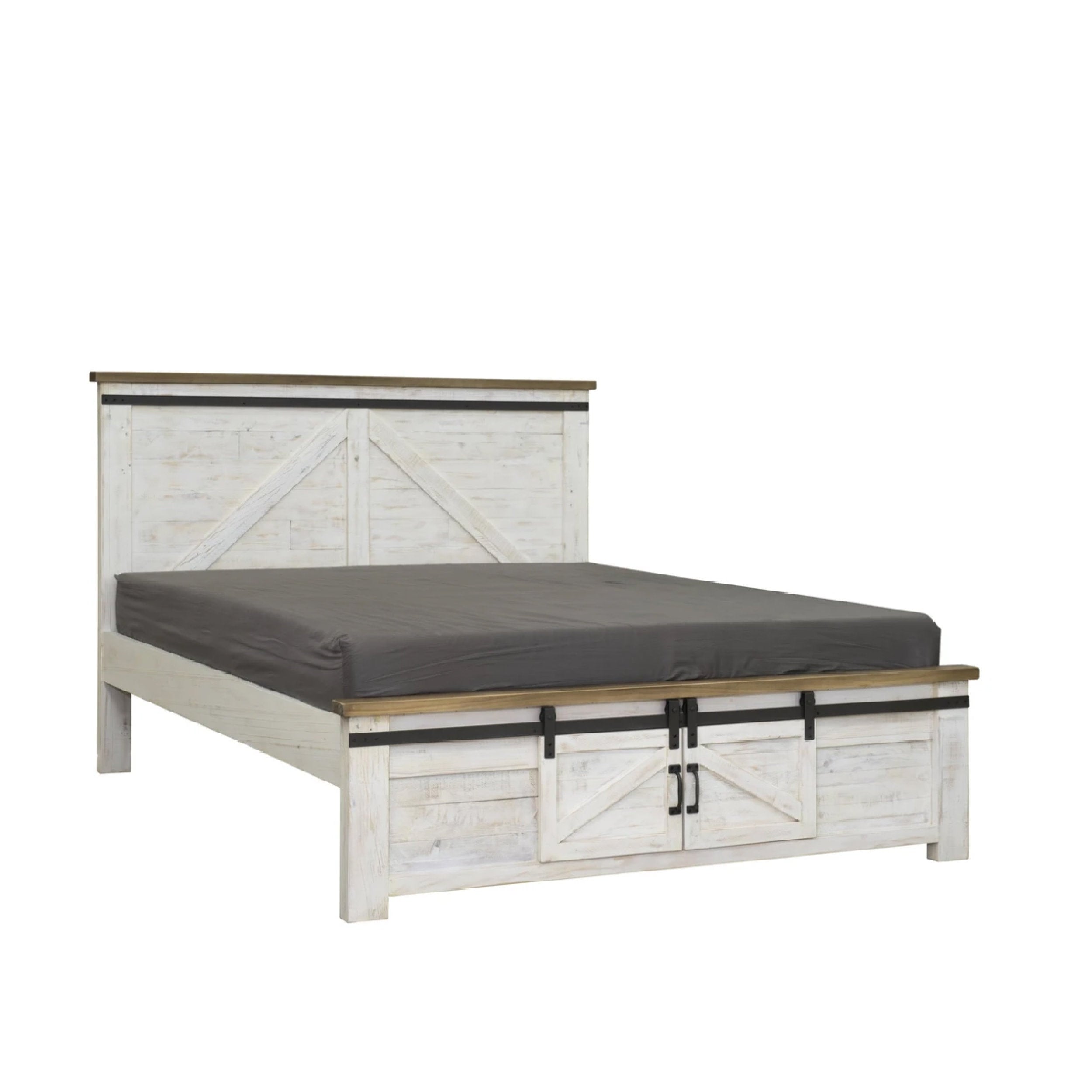 Wooden bed frame with storage drawers on a white background