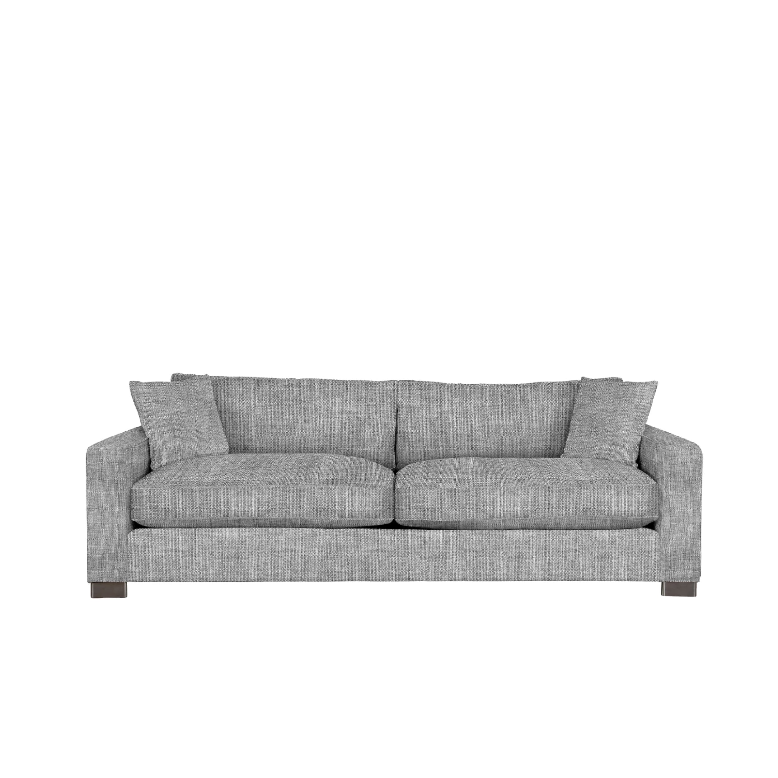 A gray sofa with three seat cushions and one backrest cushion, presented against a white background.