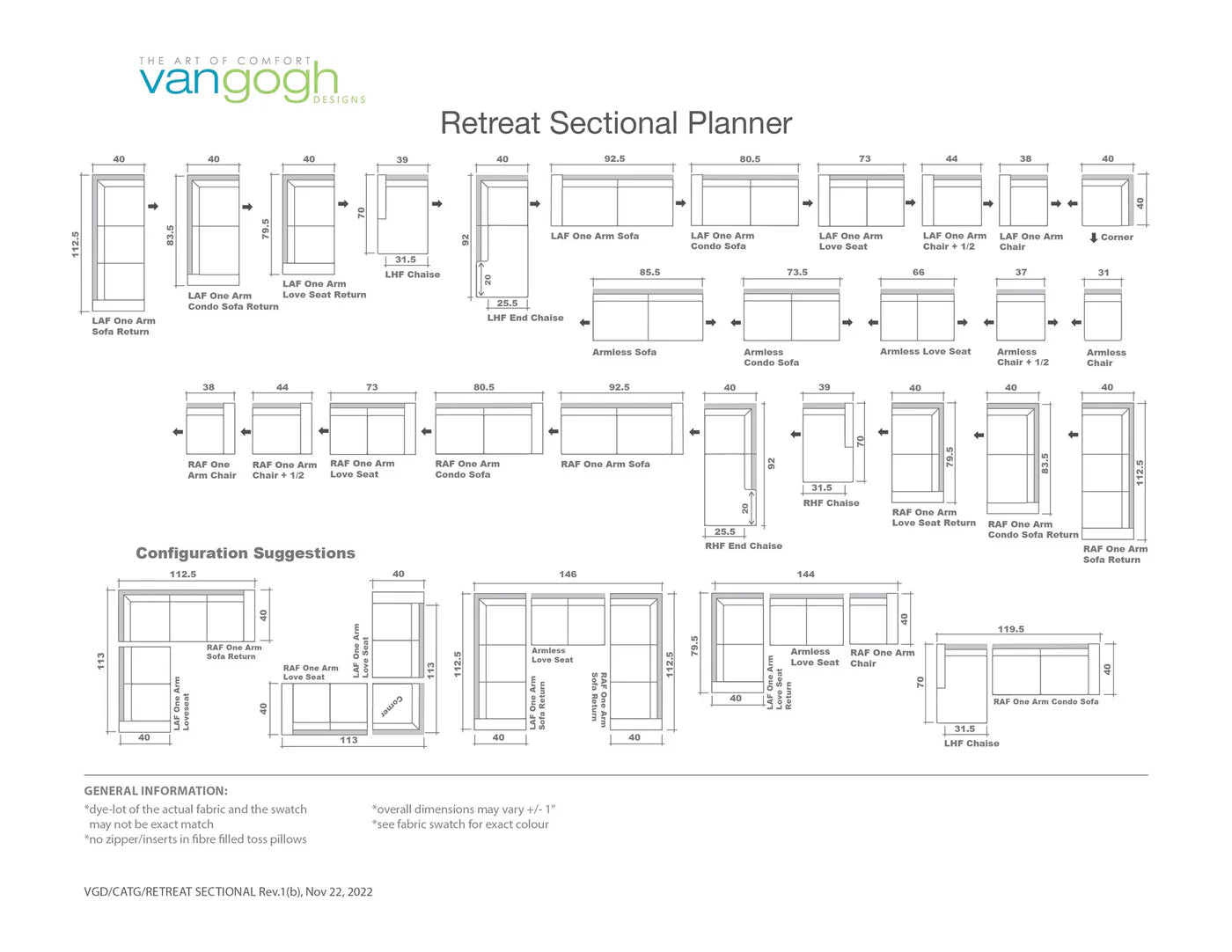 Sectional planner for Vangogh Retreat with layout diagrams and configuration suggestions.