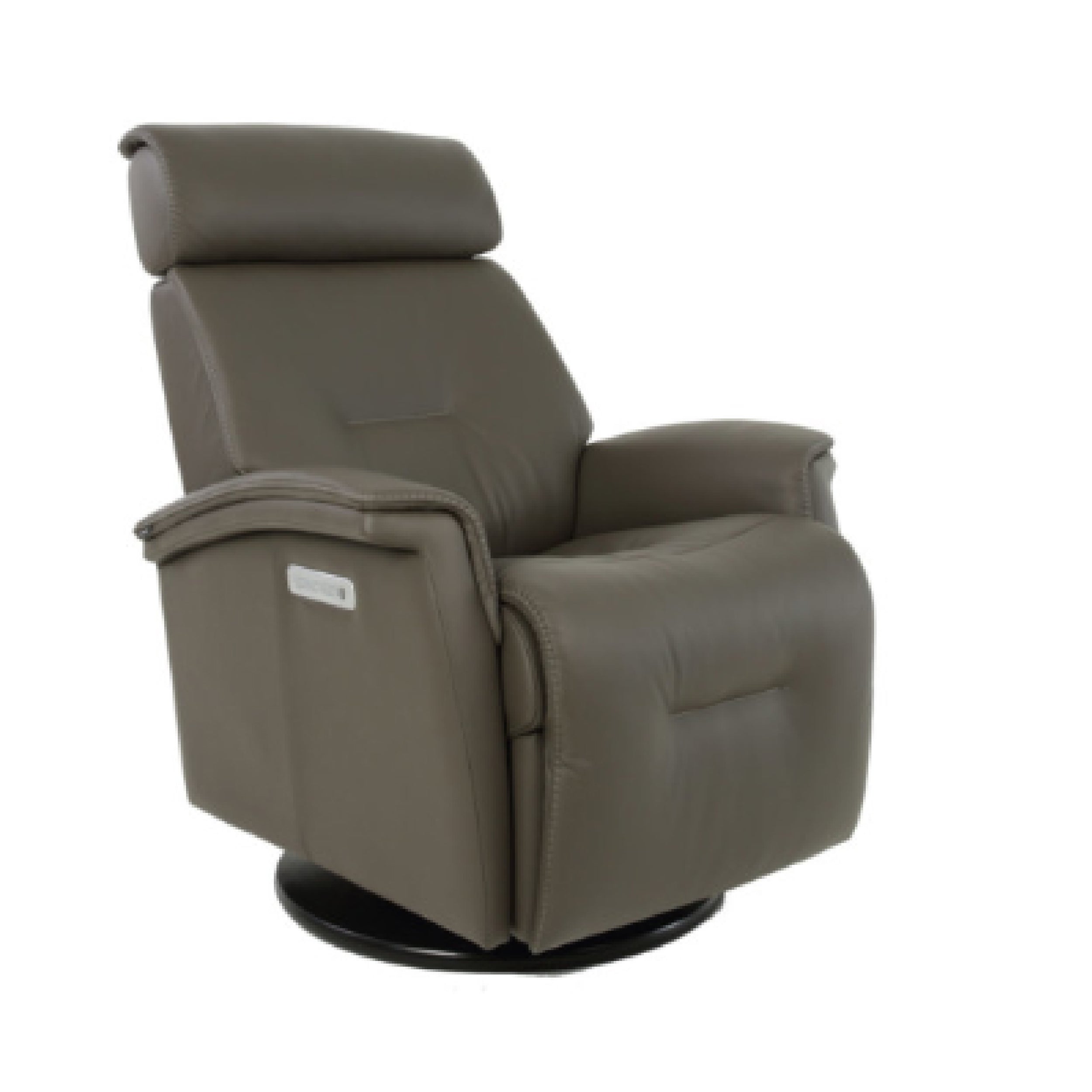 A beige Fjords Rome swing relaxer recliner chair with a black base, featuring controls for reclining, power lumbar support, and power head/neck support.