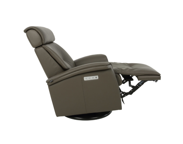 Fjords Rome Recliner in taupe leather with cushioned headrest, ergonomic arms, and smooth swivel base for modern comfort.