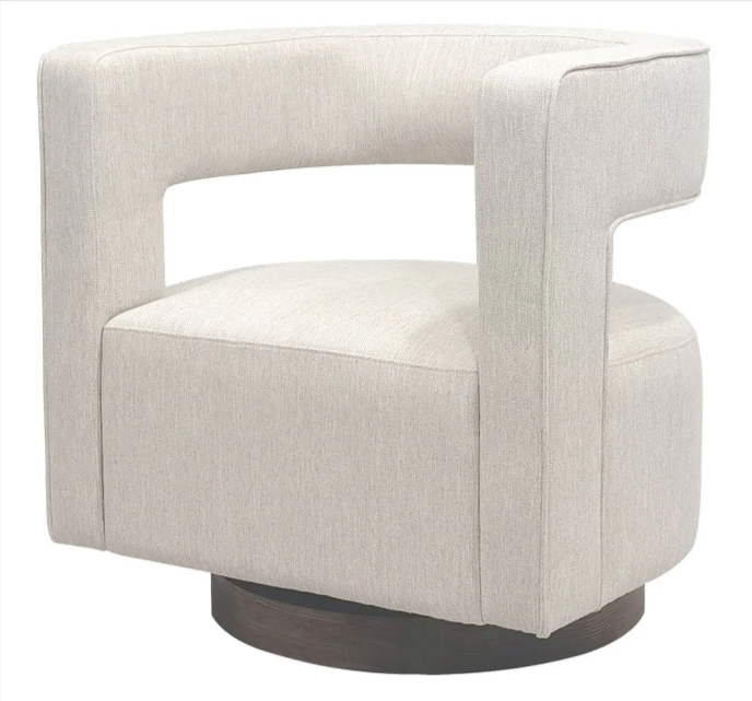 A contemporary club chair with a rounded armrest and backrest, upholstered in beige polyester fabric, shown with a wooden base.