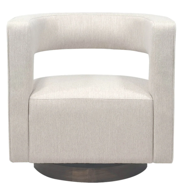 front view of a A contemporary club chair with a rounded armrest and backrest, upholstered in beige polyester fabric, shown with a wooden base.