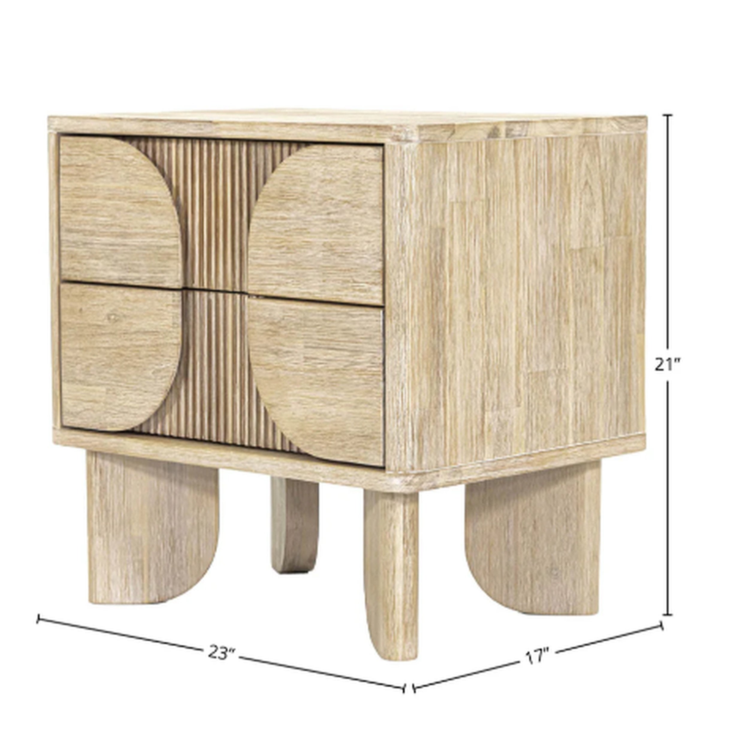 Wooden side table with dimensions on a white background