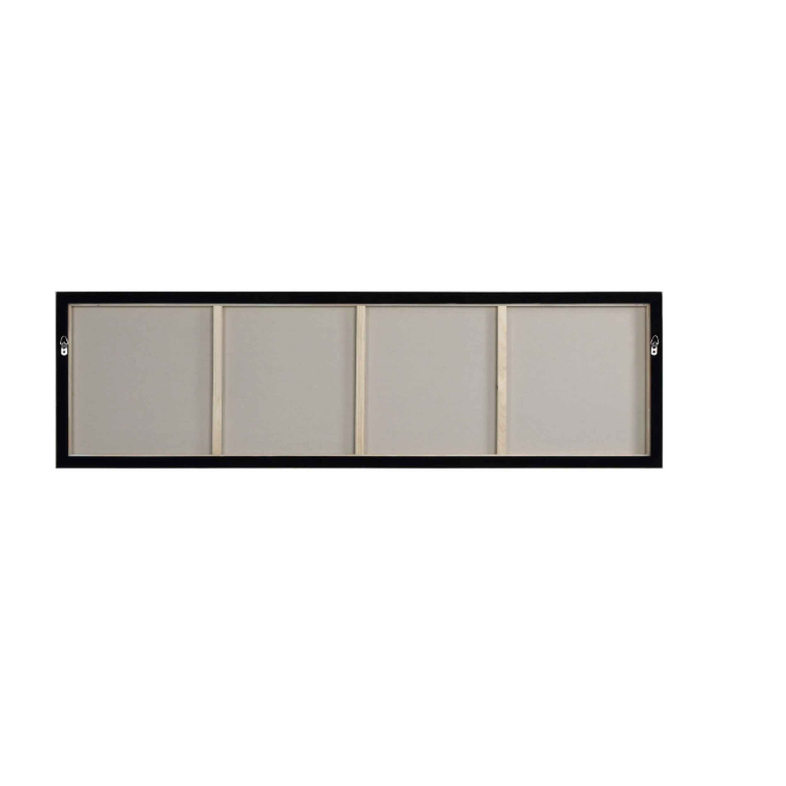 Four-panel sliding door system with black frame and glass panels on a white background