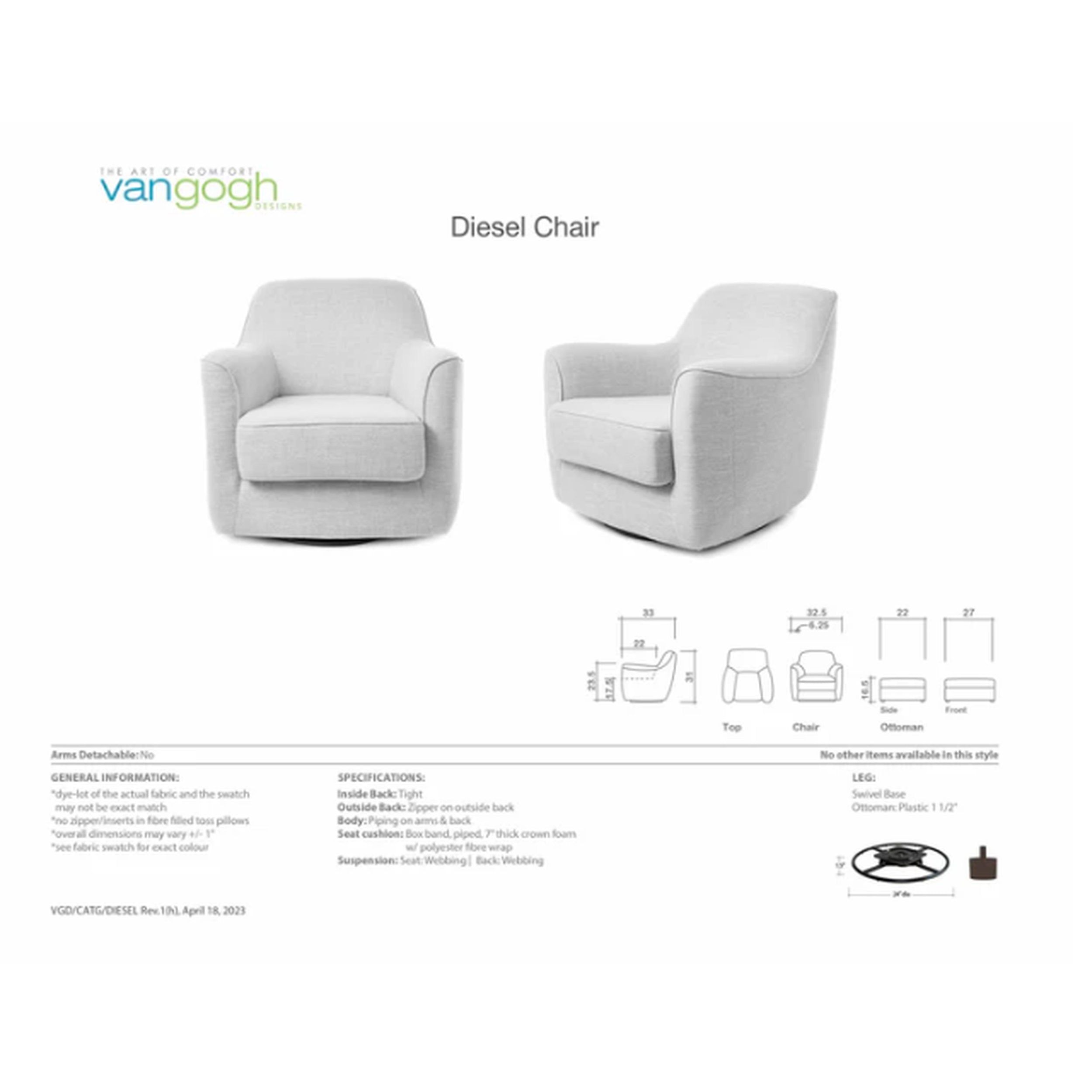 Two gray chairs with 'vangogh' branding and product details on a white background.