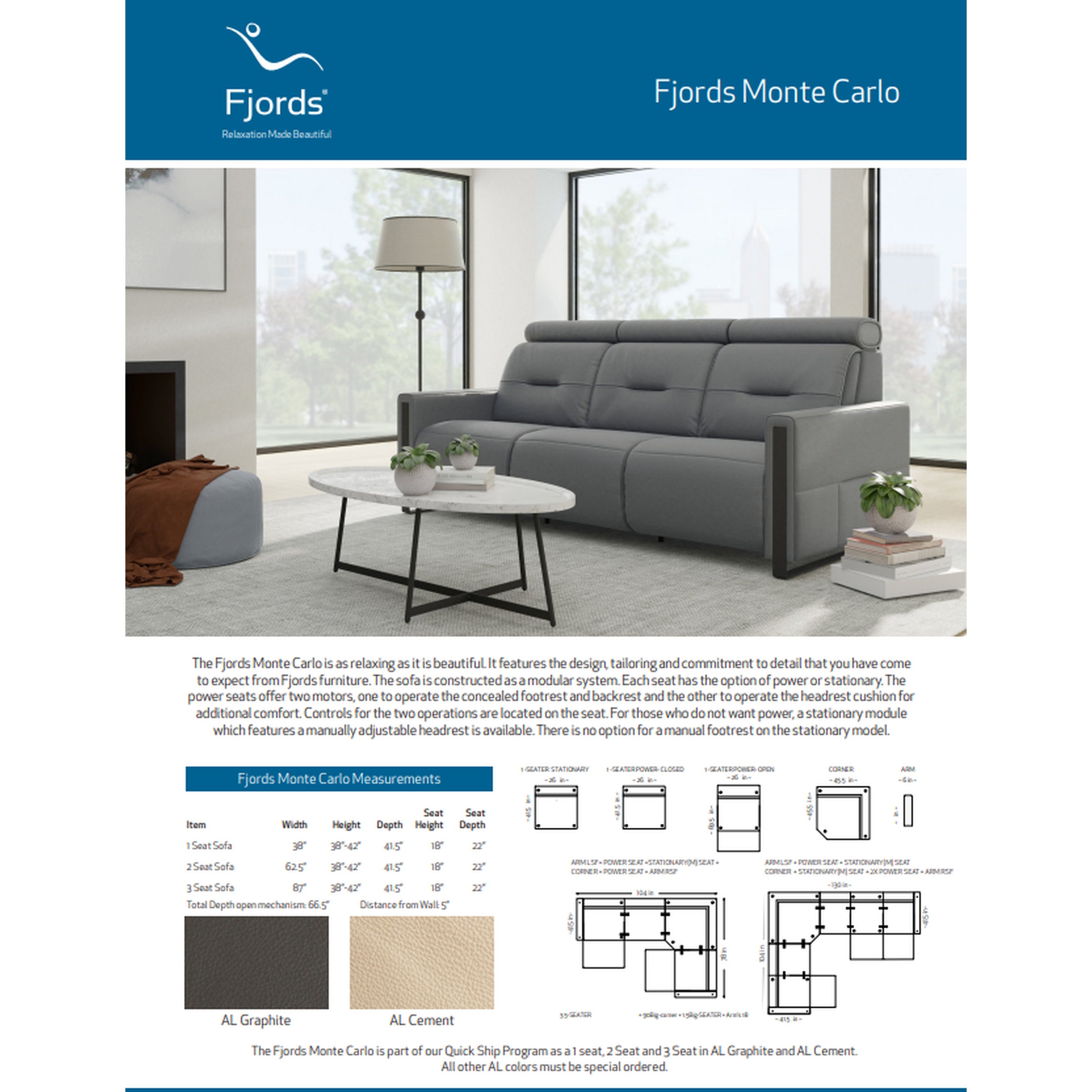 Gray sofa in a living room setting with Fjords branding and product details.