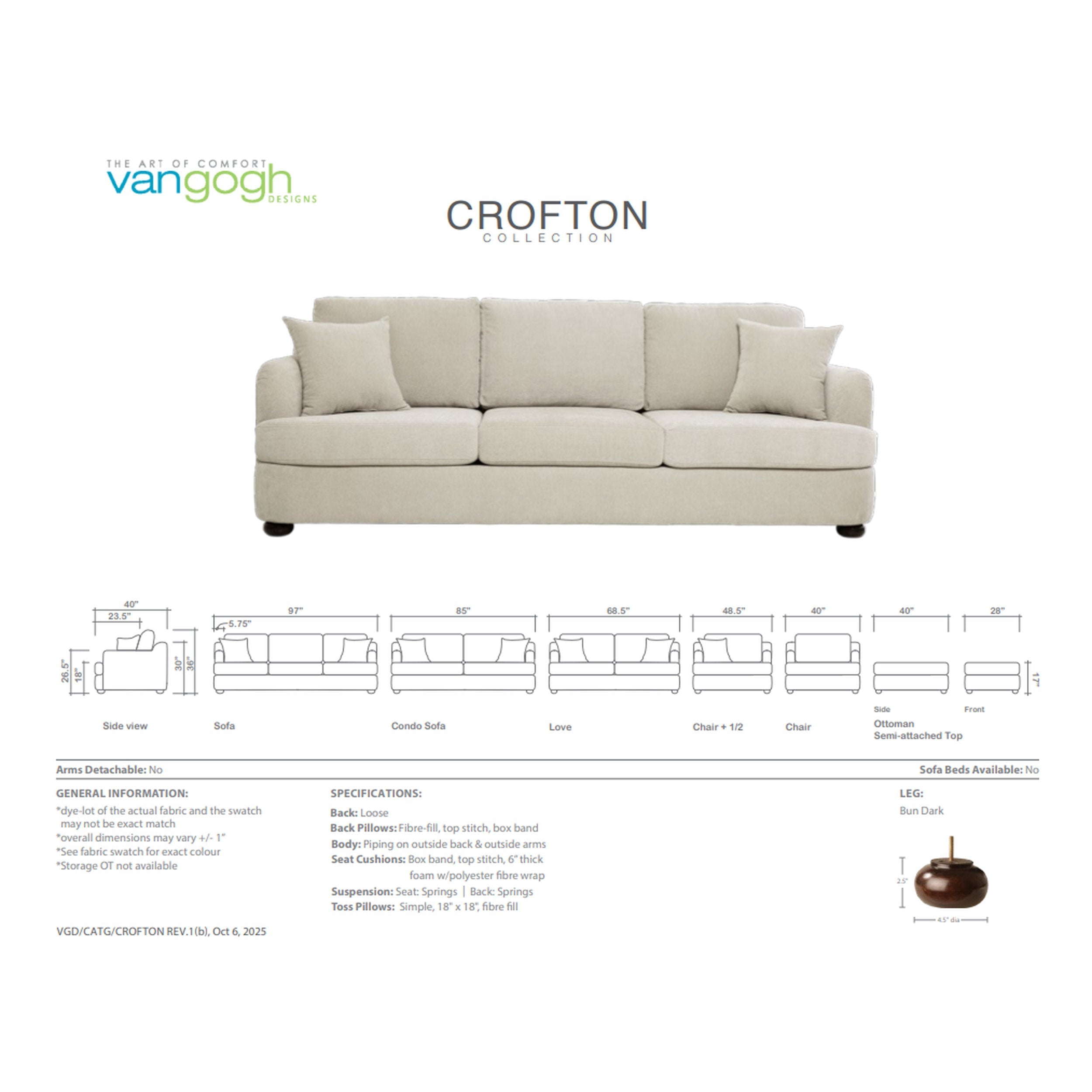 Beige sofa with technical drawings and specifications on a white background, featuring the Vangough Furniture brand.