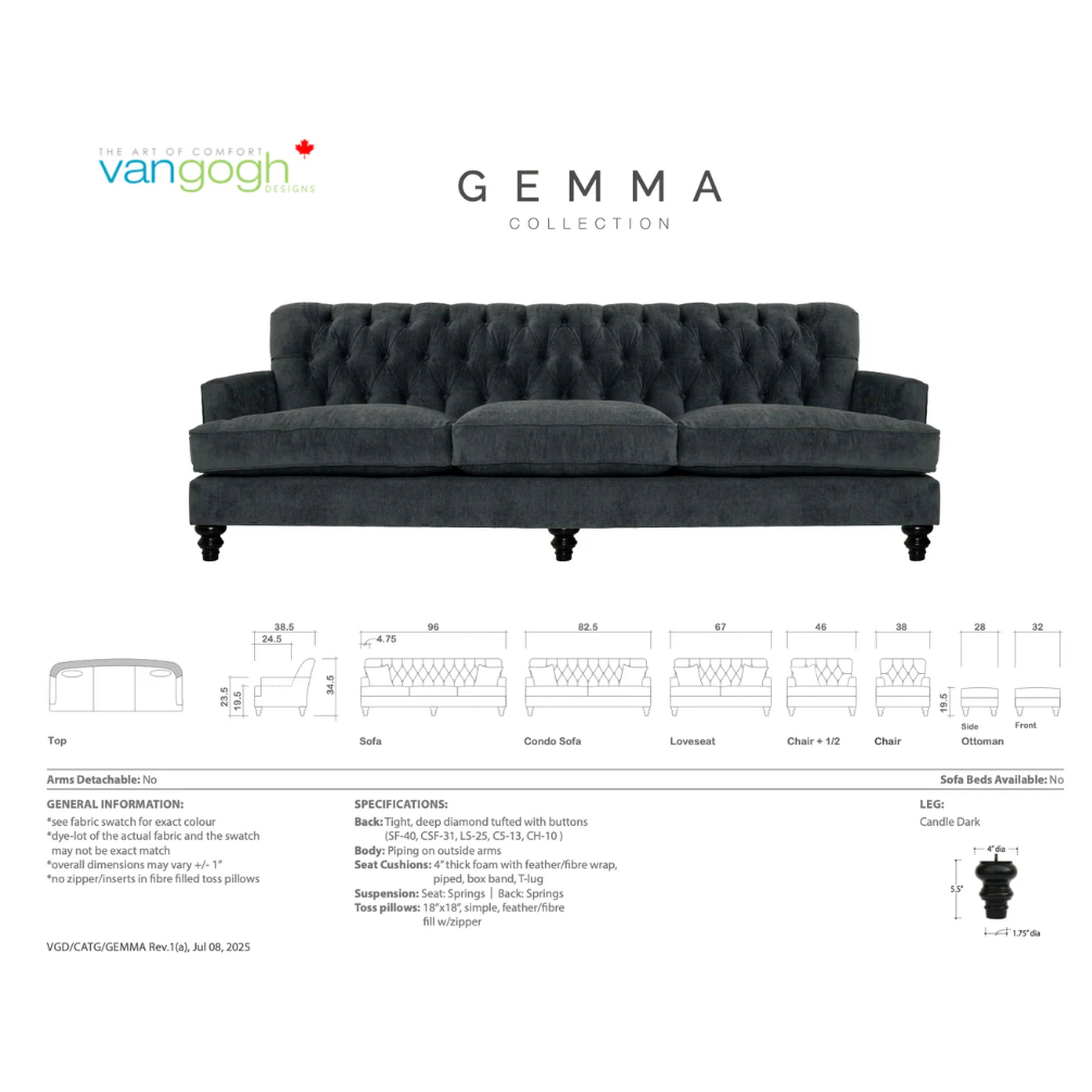Gray sofa from the Gemma collection by Vangogh Furniture on a white background with product details.