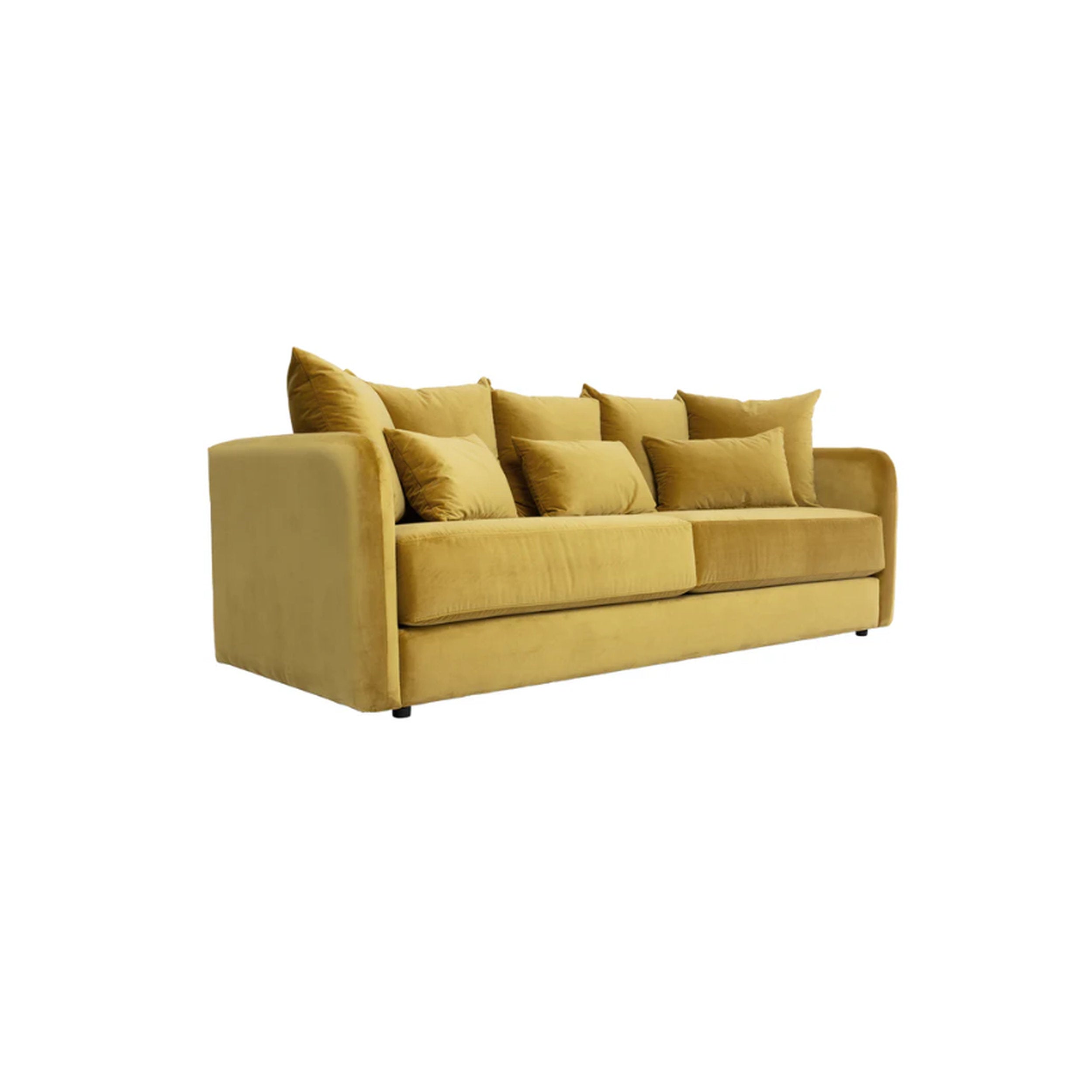 Yellow sofa with decorative cushions on a white background