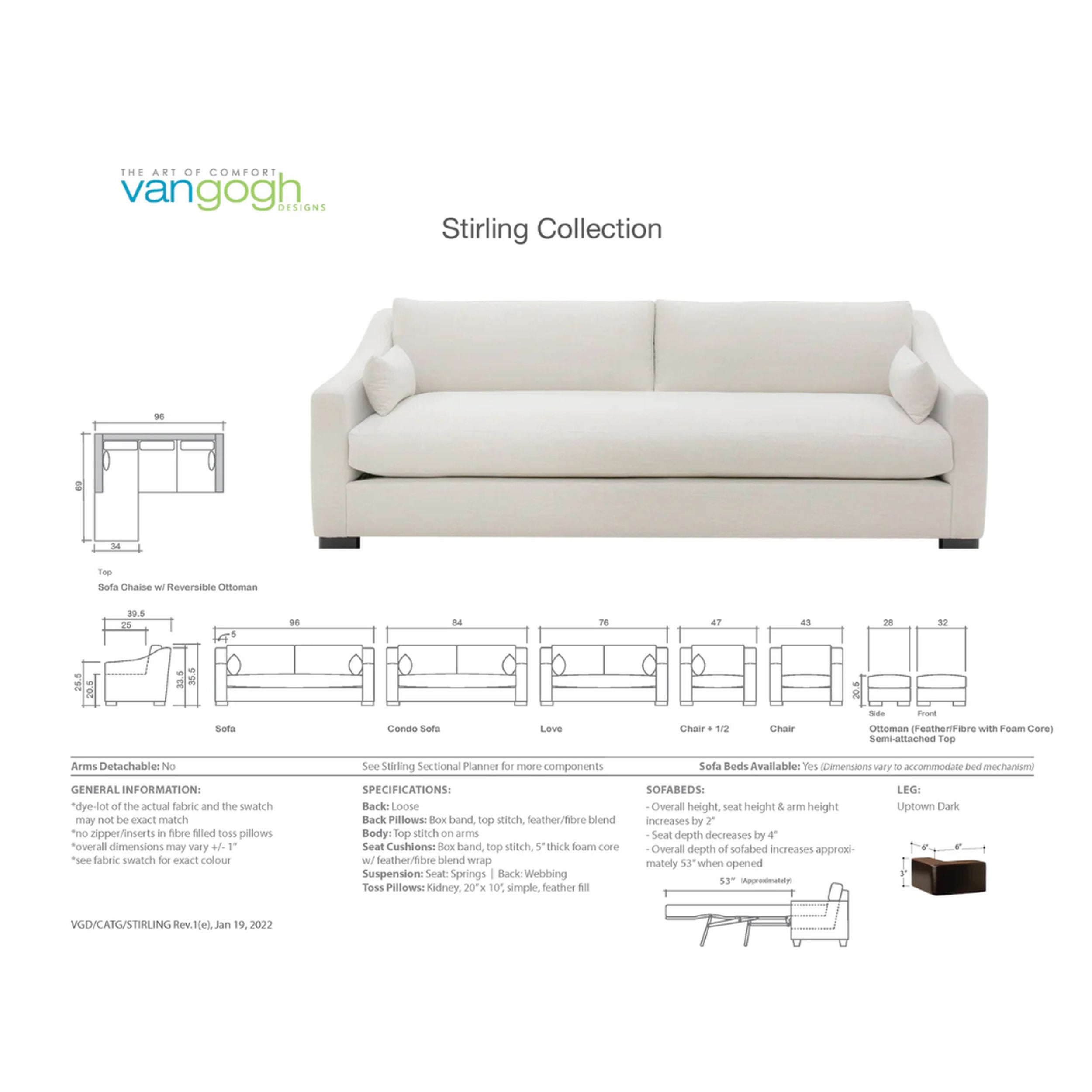 White sofa with technical drawings and specifications on a white background, featuring the 'Vangogh' brand.