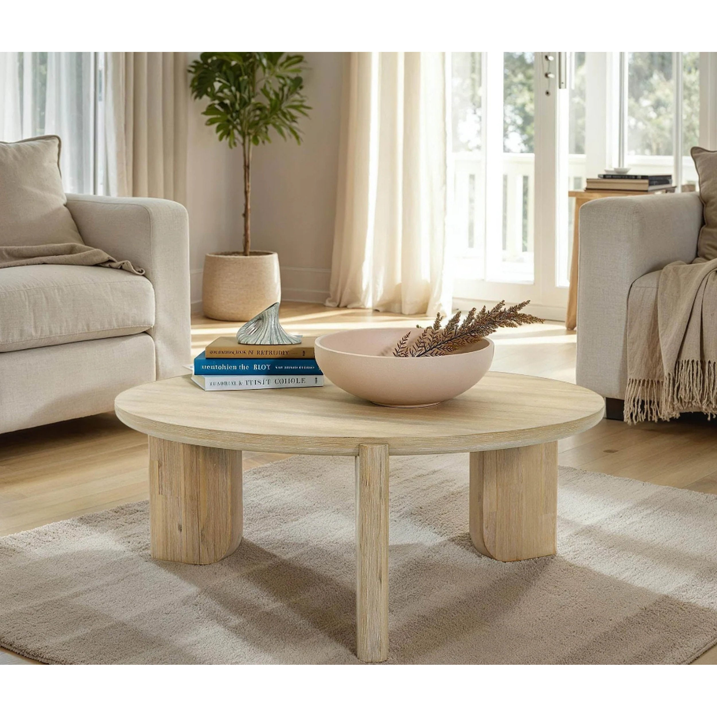 Wooden coffee table in a living room with decor items