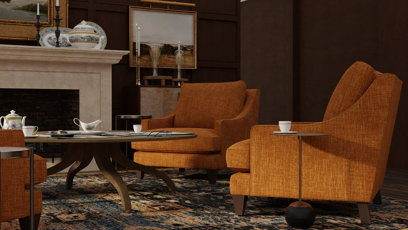 Cozy living room with orange armchairs, a coffee table, and decorative items.