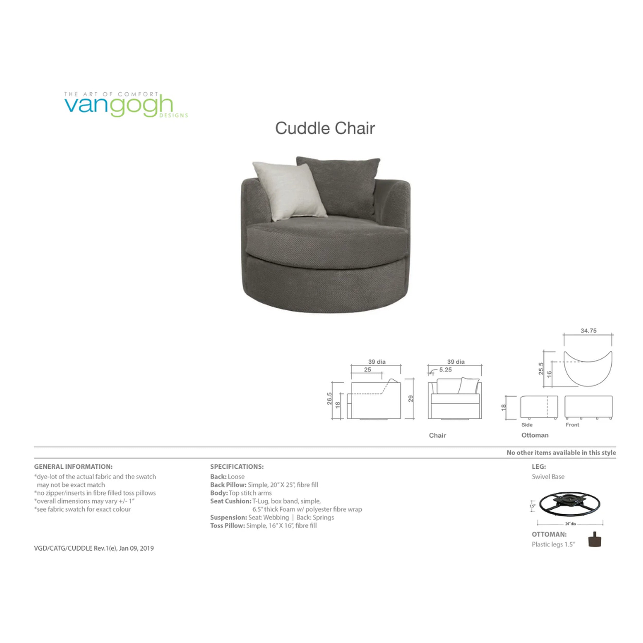 Gray cuddle chair with specifications and dimensions on a white background