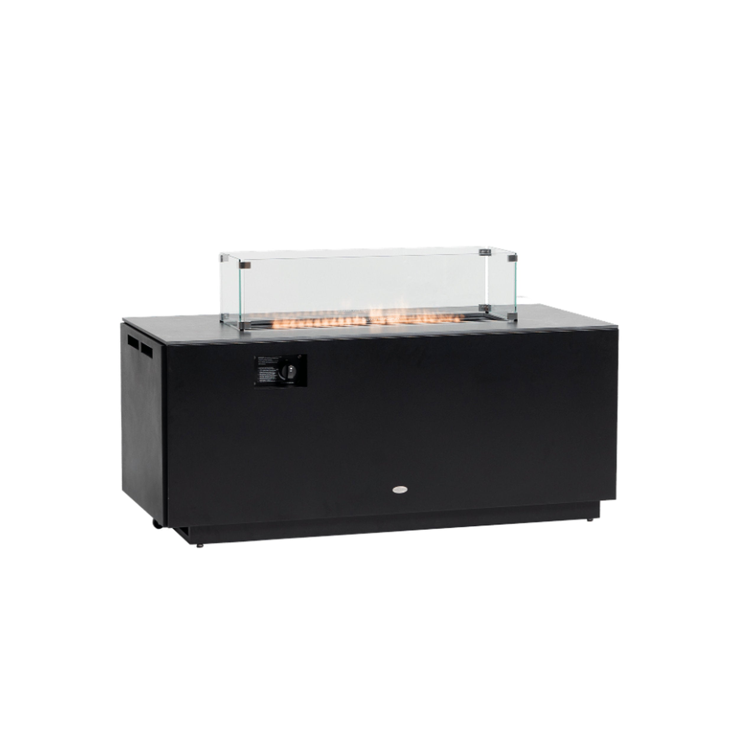 Ratana Newbury Fire Table 54 X 24 - Black with tempered glass sides, charcoal steel base, warm ember glow,LED centerpiece.