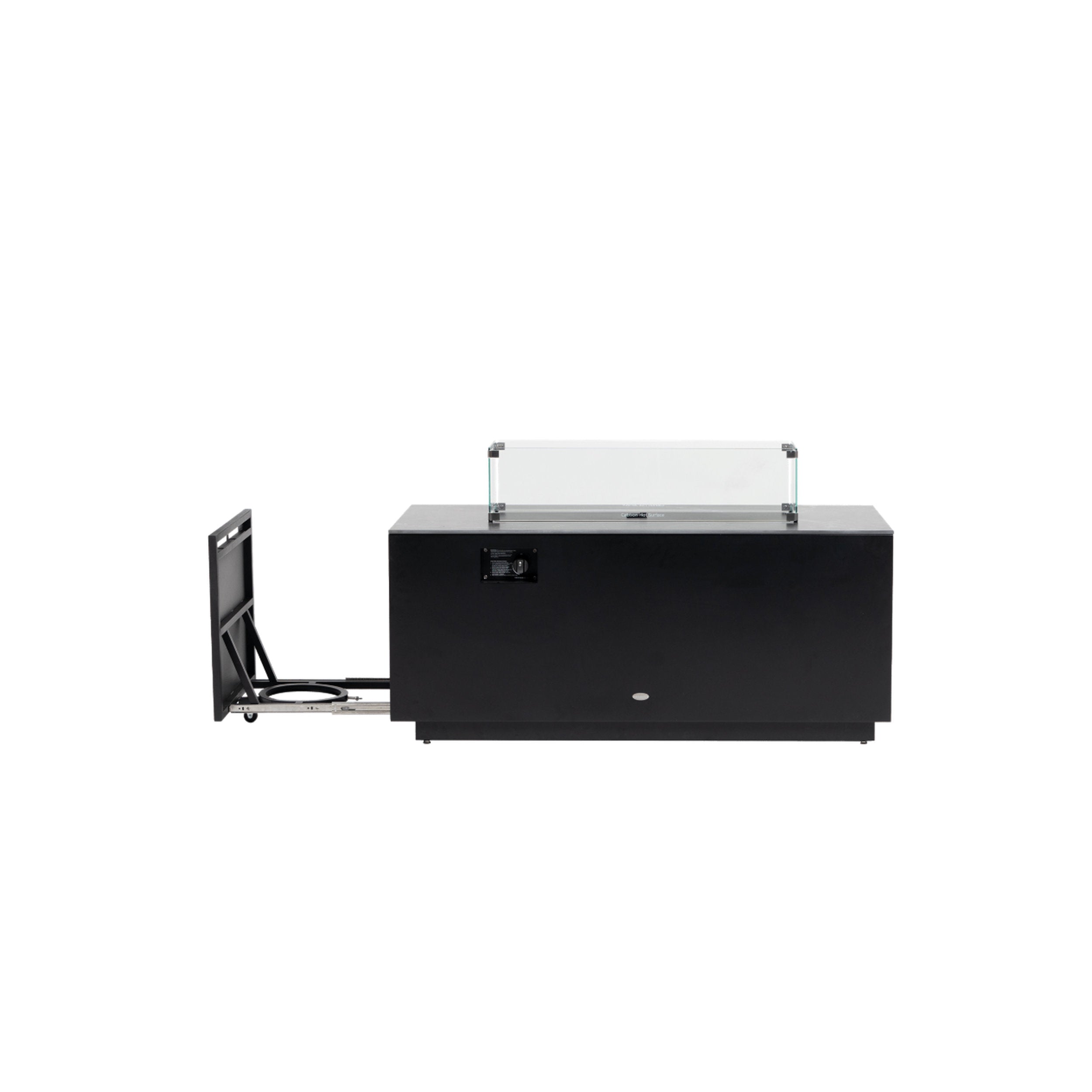 Ratana Newbury Fire Table 54 X 24 - Black: sleek black steel base, clear glass windscreen, modern outdoor centerpiece. chic.