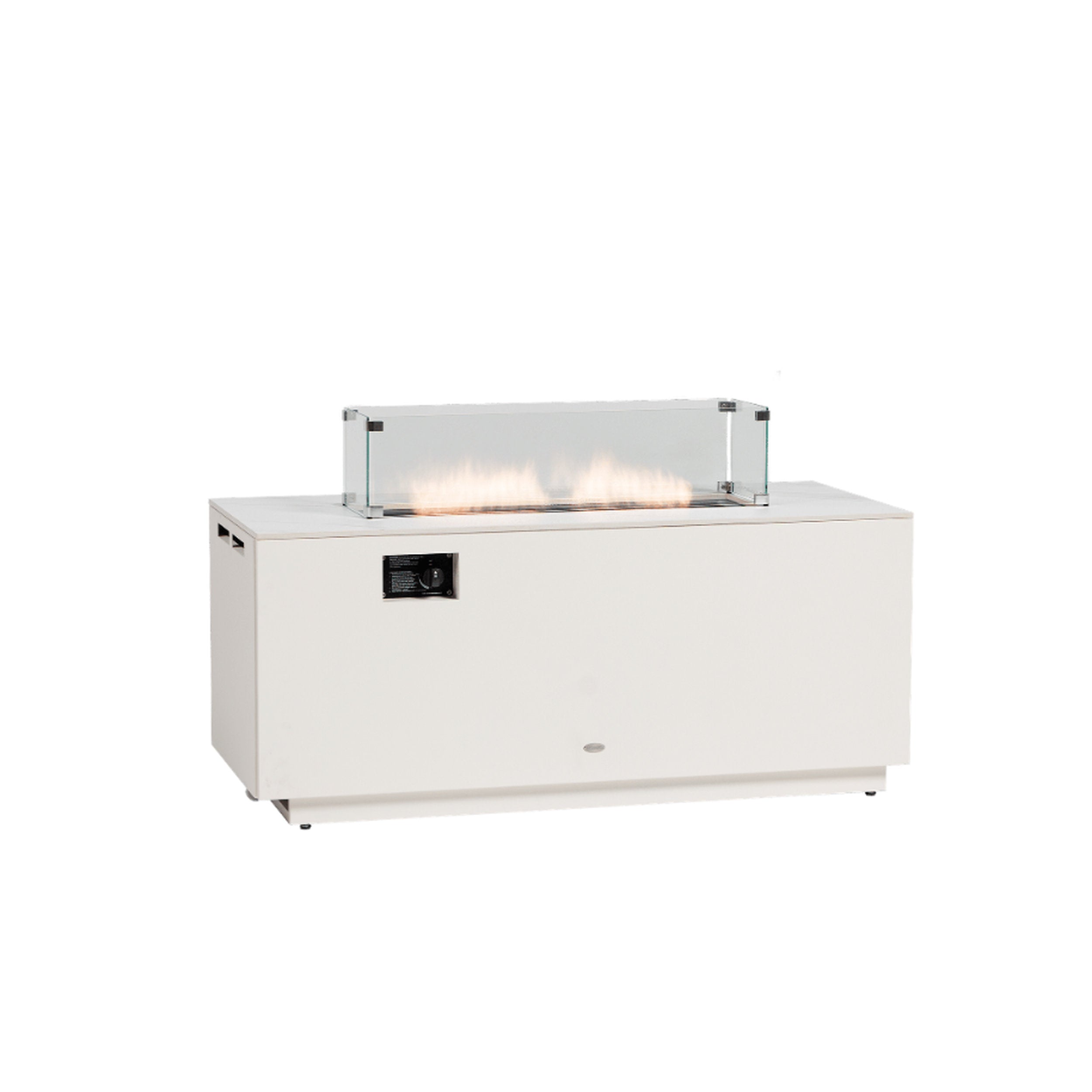 Newbury Fire Table 54 X 24 - White by Ratana: sleek fire table with glass guard, warm flame, modern outdoor centerpiece.HD