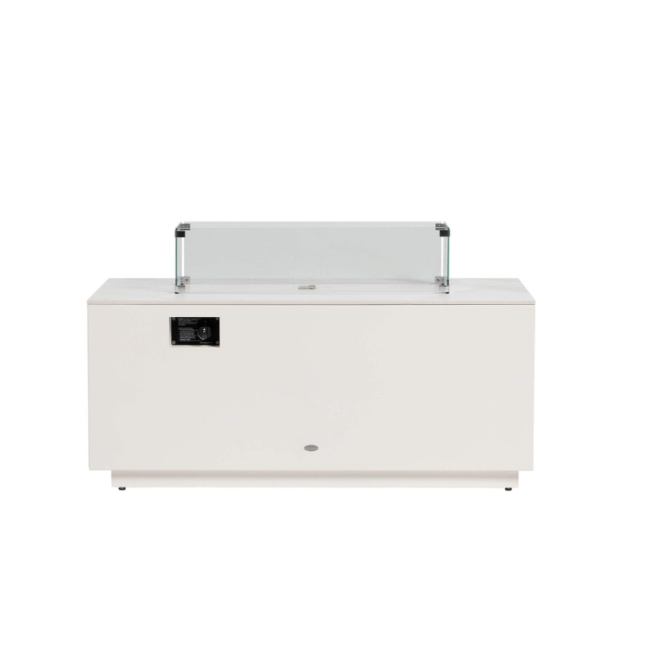 Newbury Fire Table 54 X 24 - White Ratana features white powder-coated steel base with clear glass wind guard, modern outdoor