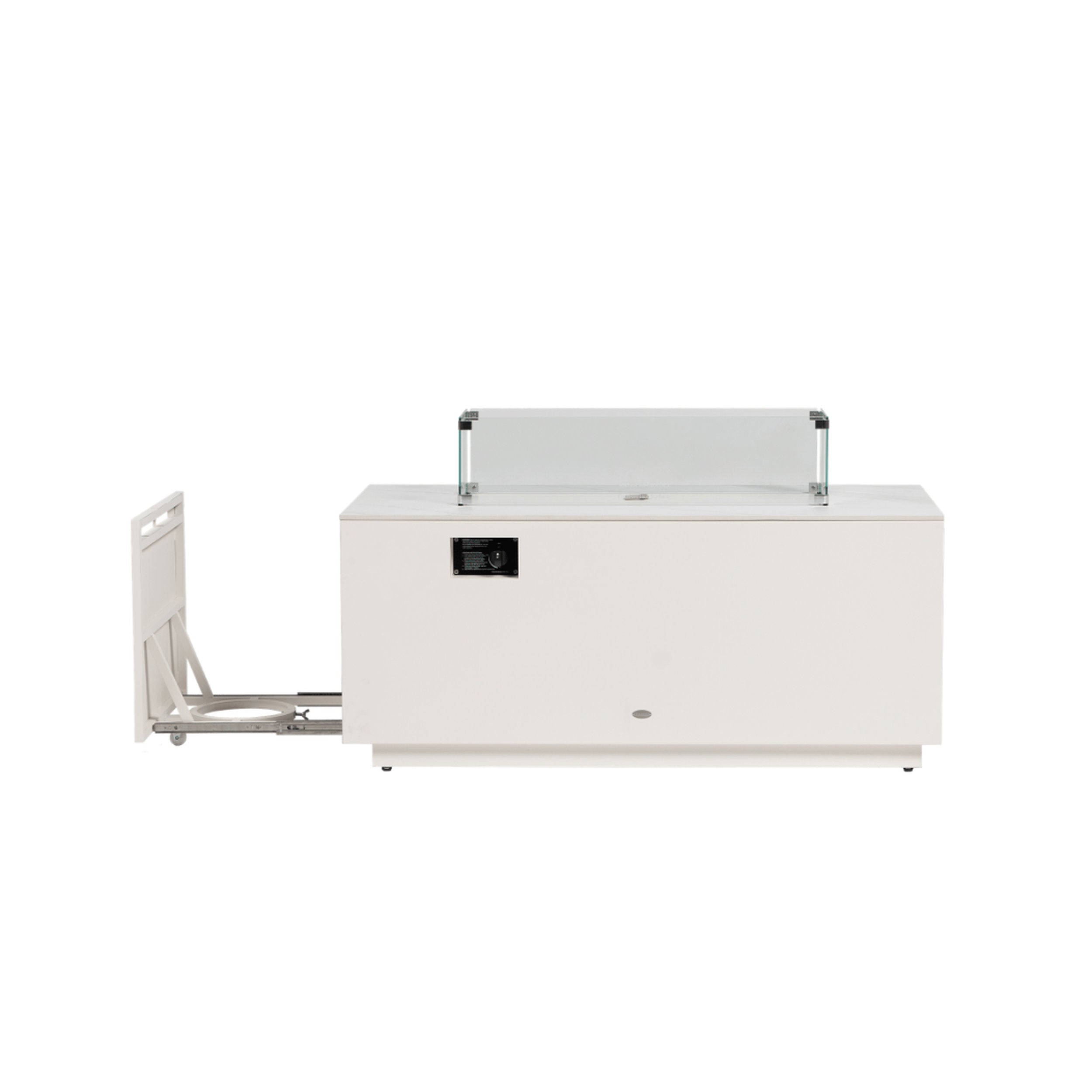 Ratana Newbury Fire Table 54 X 24 - White with white finish, stainless steel frame and glass wind guard with outdoor heater.