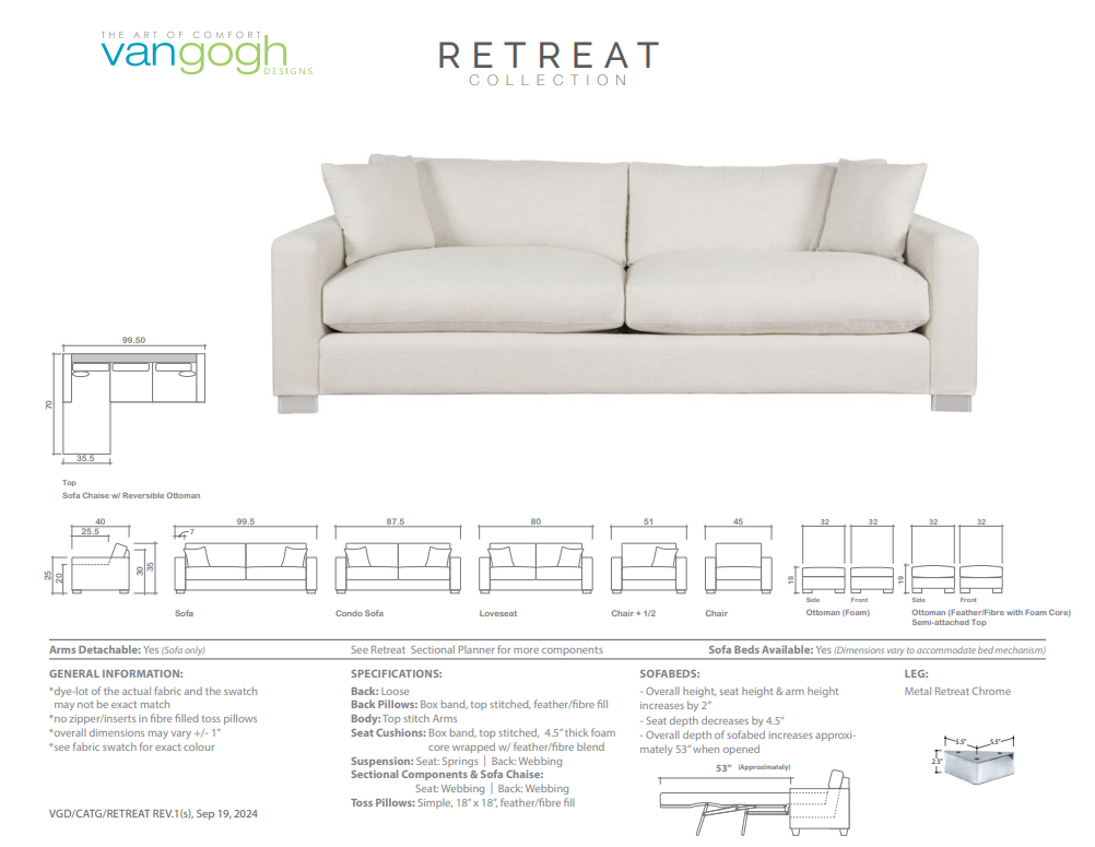 white sofa with dimensions and specifications on a white background, featuring the 'Retreat' collection by Vangogh.