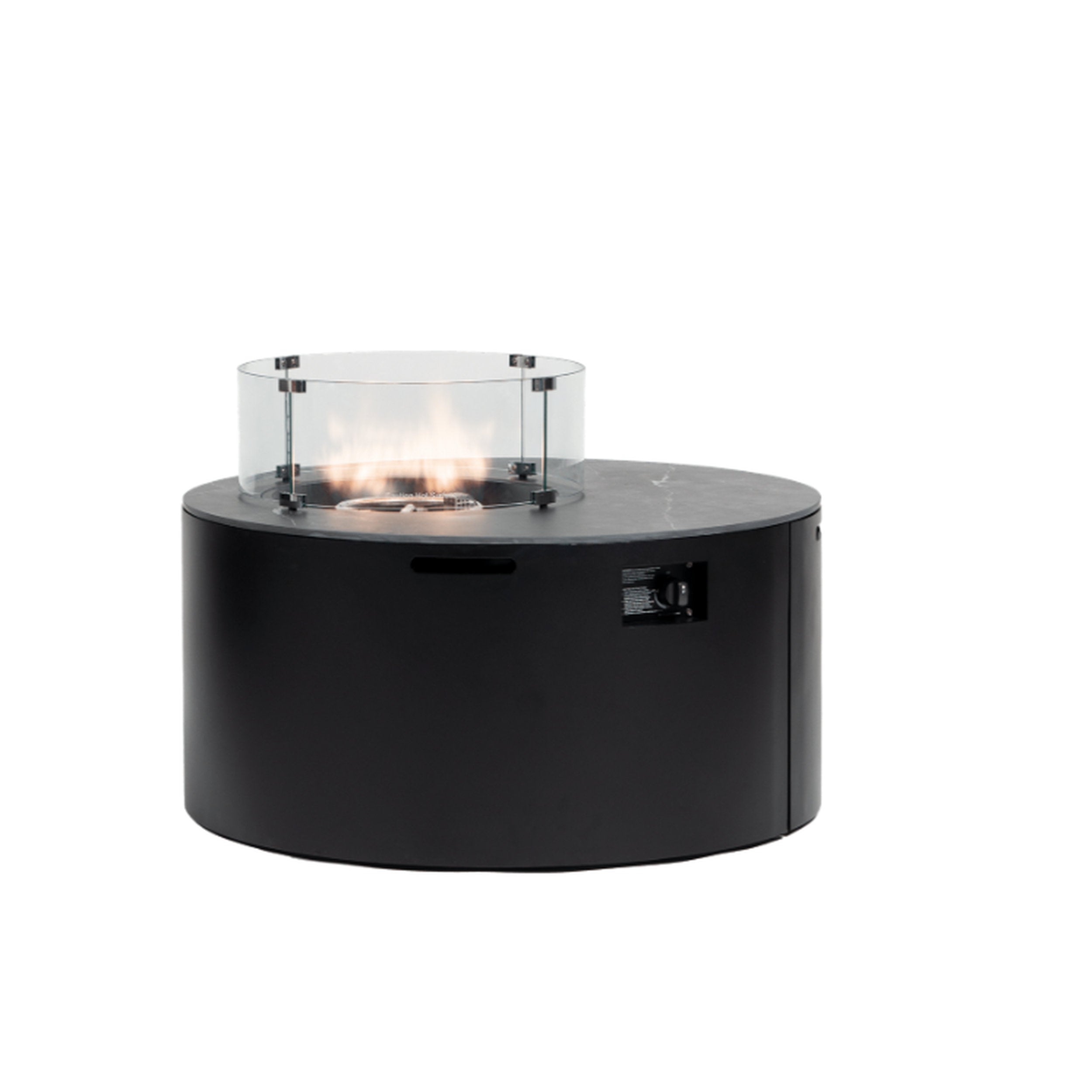 Newbury Fire Table 42 Round - Black by Ratana: sleek aluminum base, clear glass windscreen, warm flame glow and ambience..